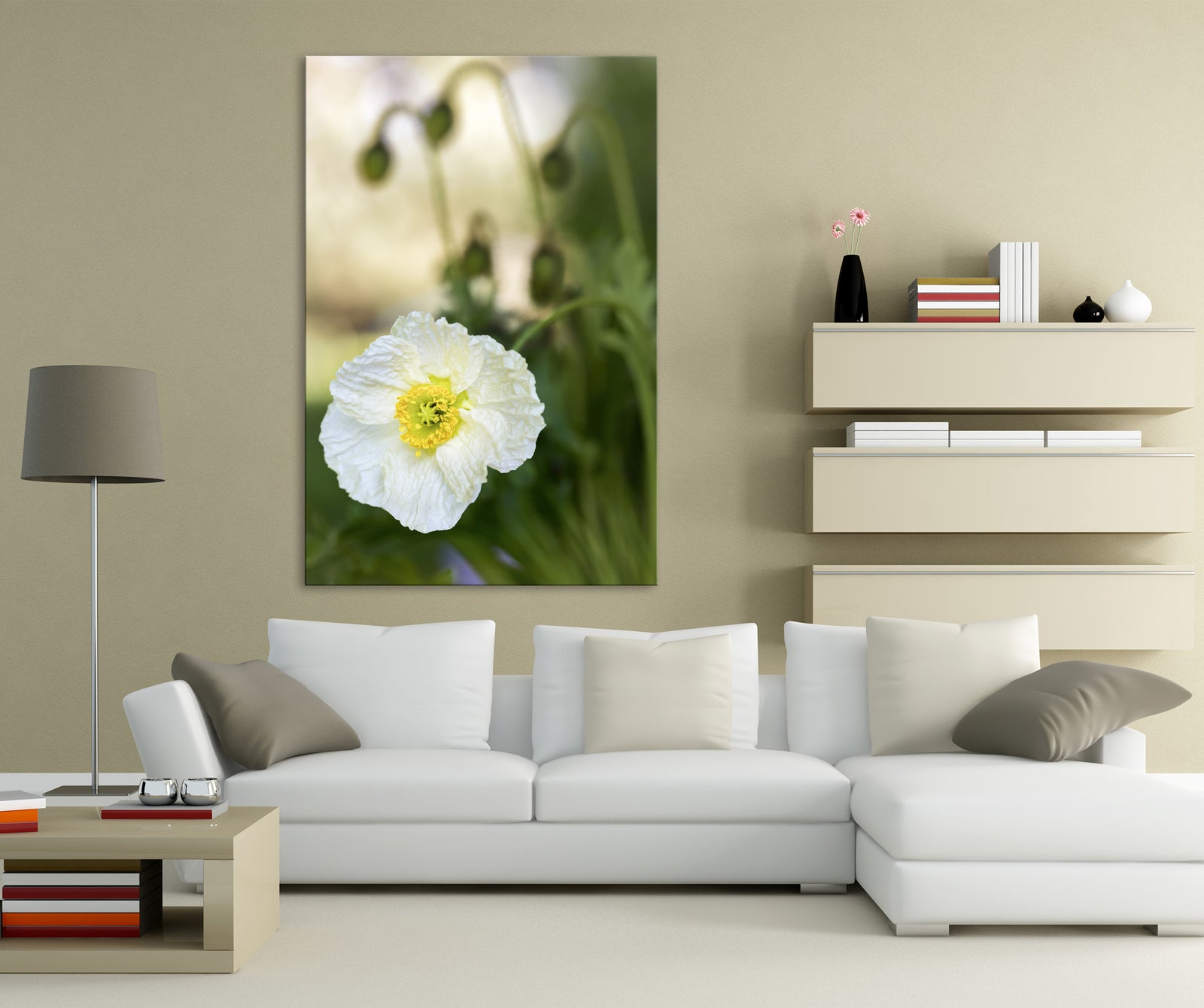 Flowers No. 065, shown framed in a room by day