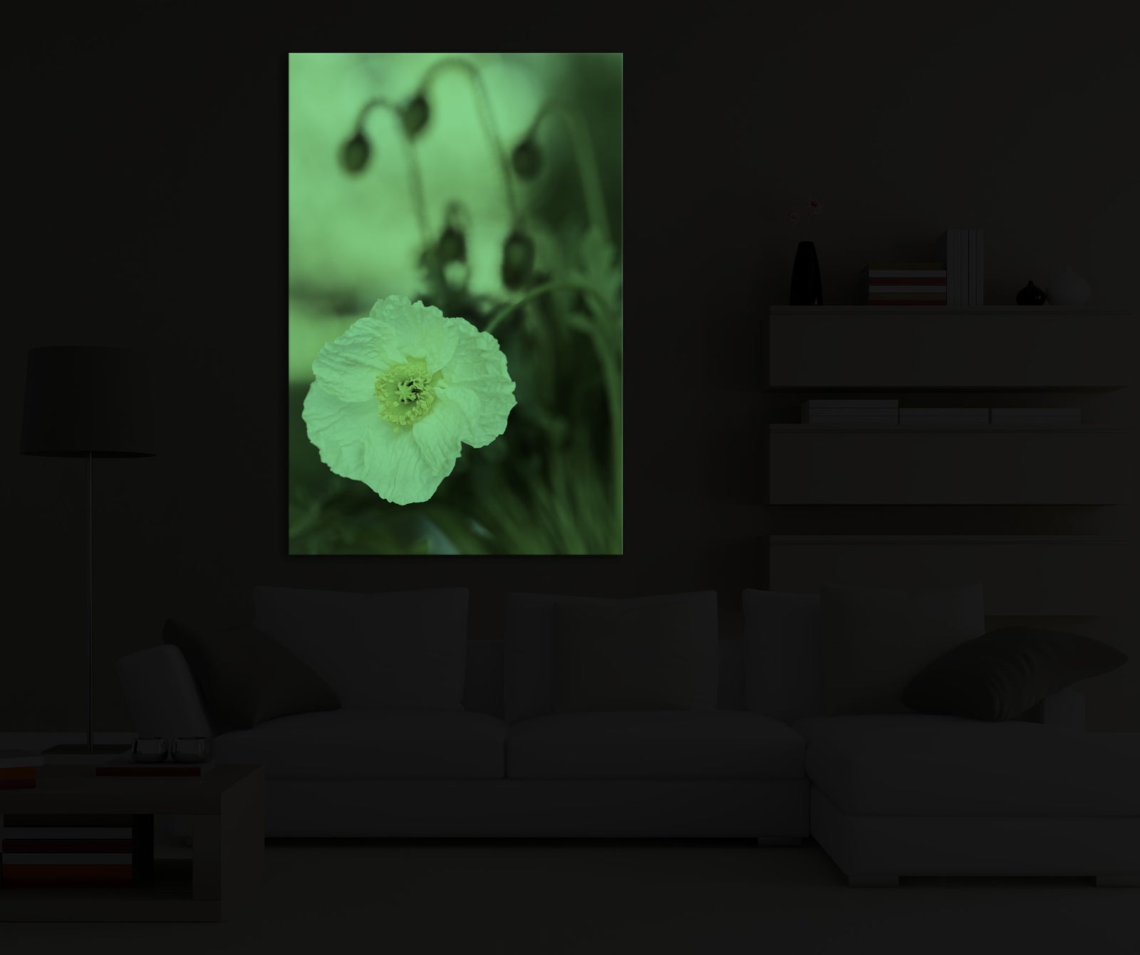 Flowers No. 065, glowing in a room at night