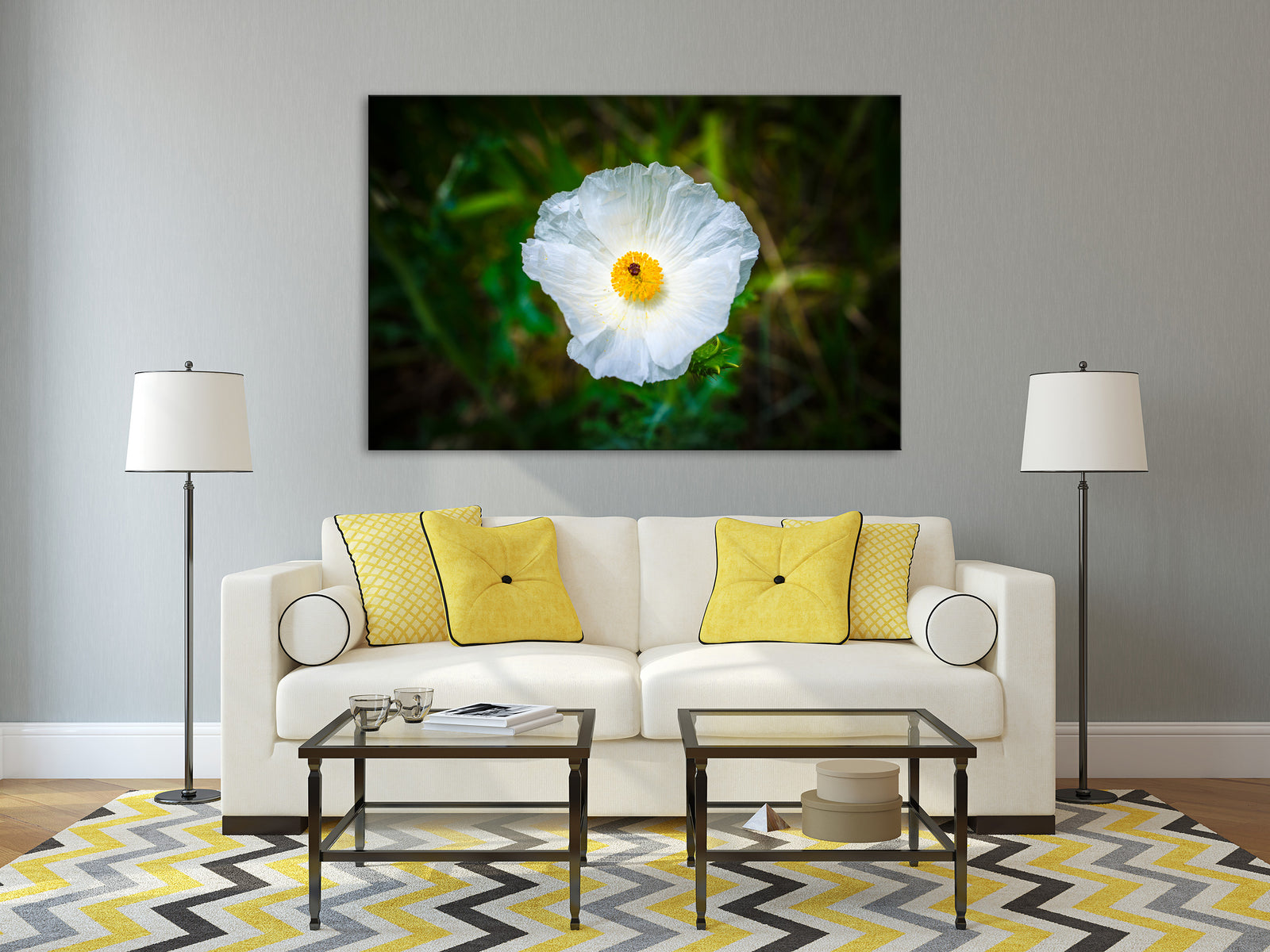 Flowers No. 067, shown framed in a room by day
