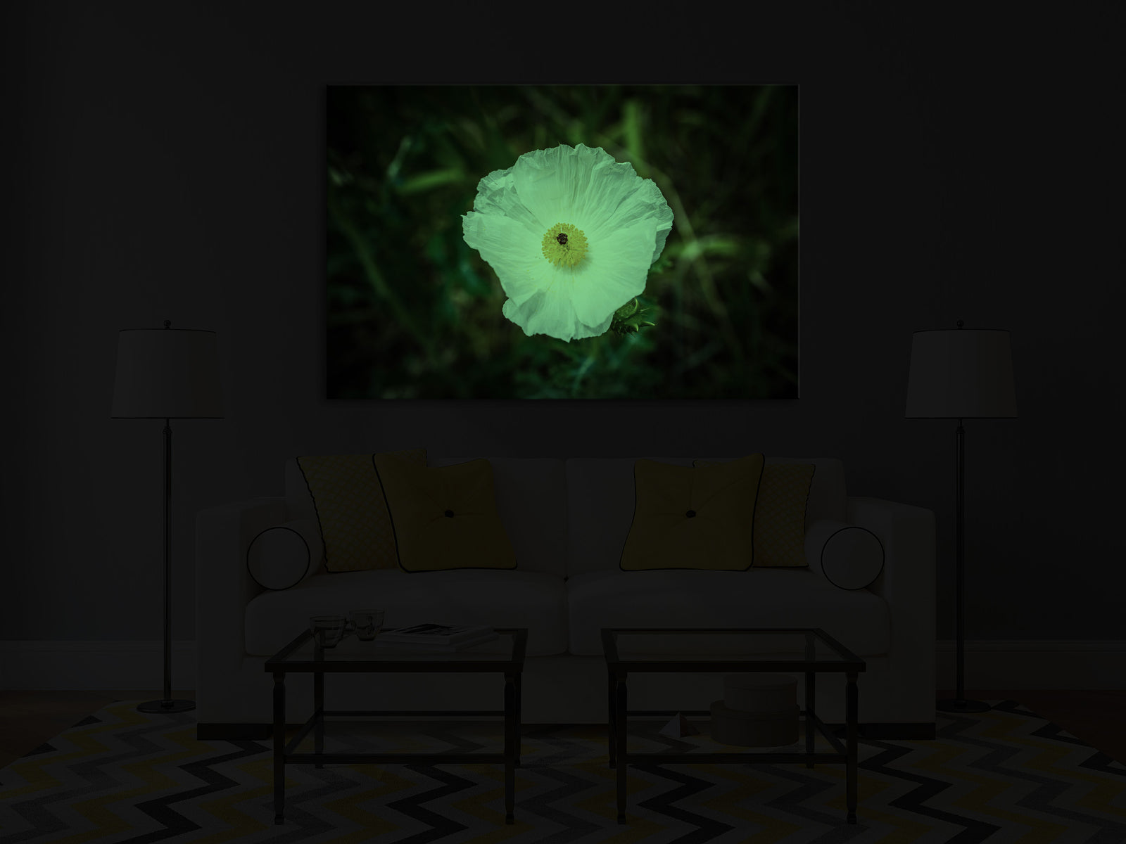 Flowers No. 067, glowing in a room at night