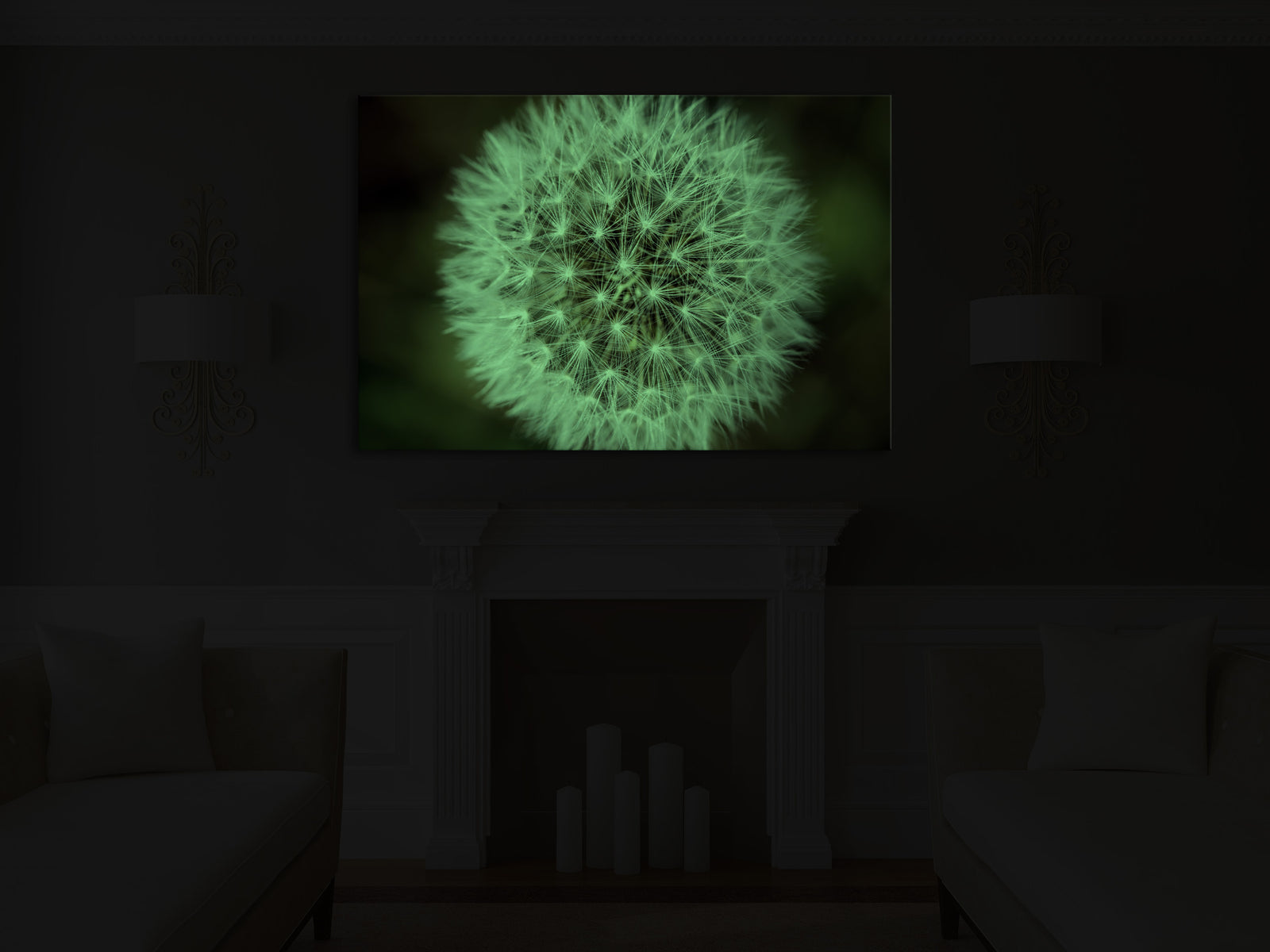 Flowers No. 069, glowing in a room at night