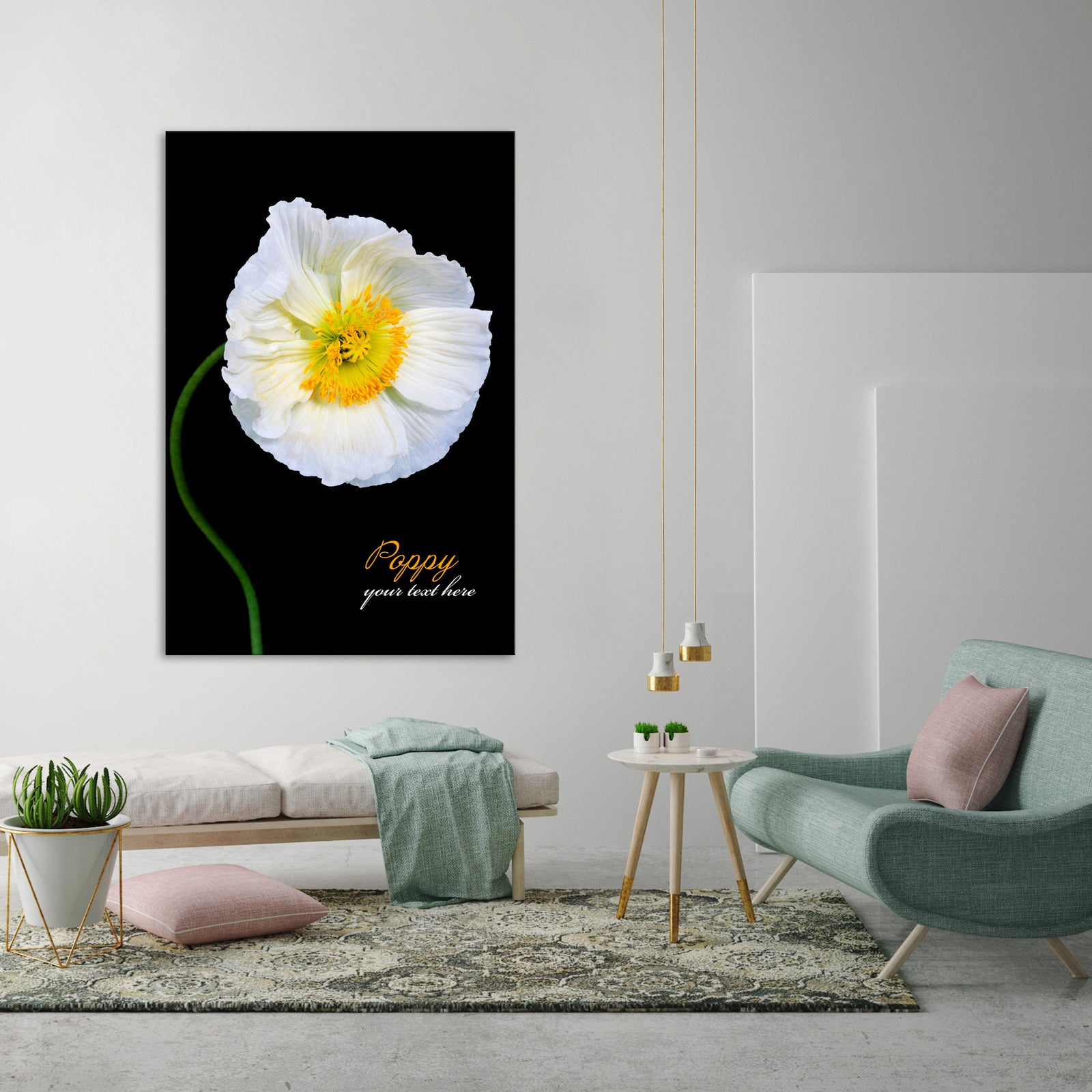 Flowers No. 071, shown framed in a room by day