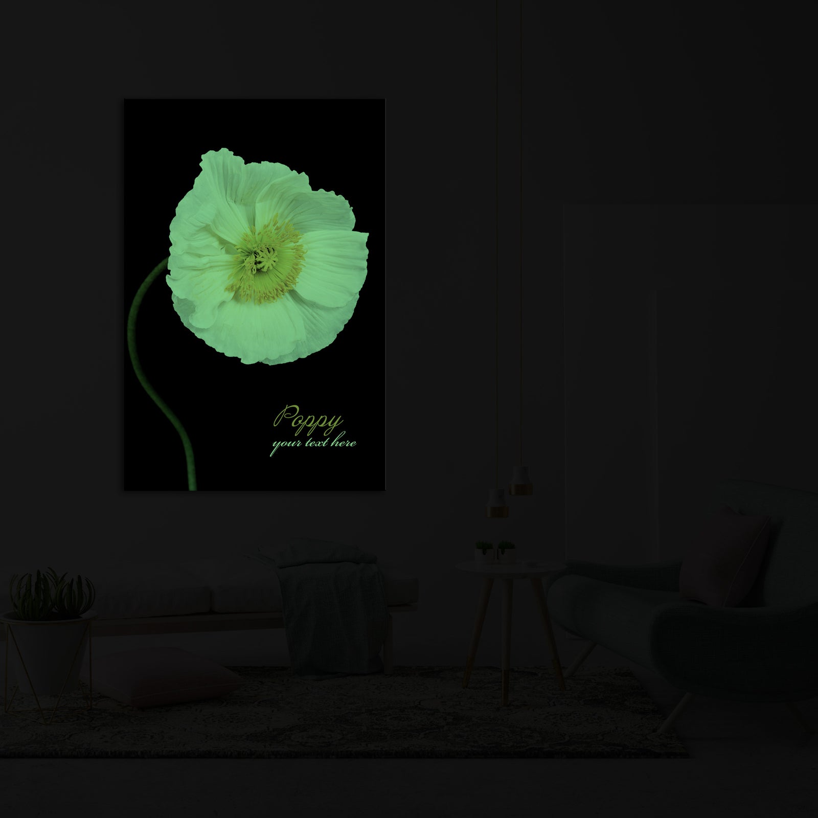 Flowers No. 071, glowing in a room at night