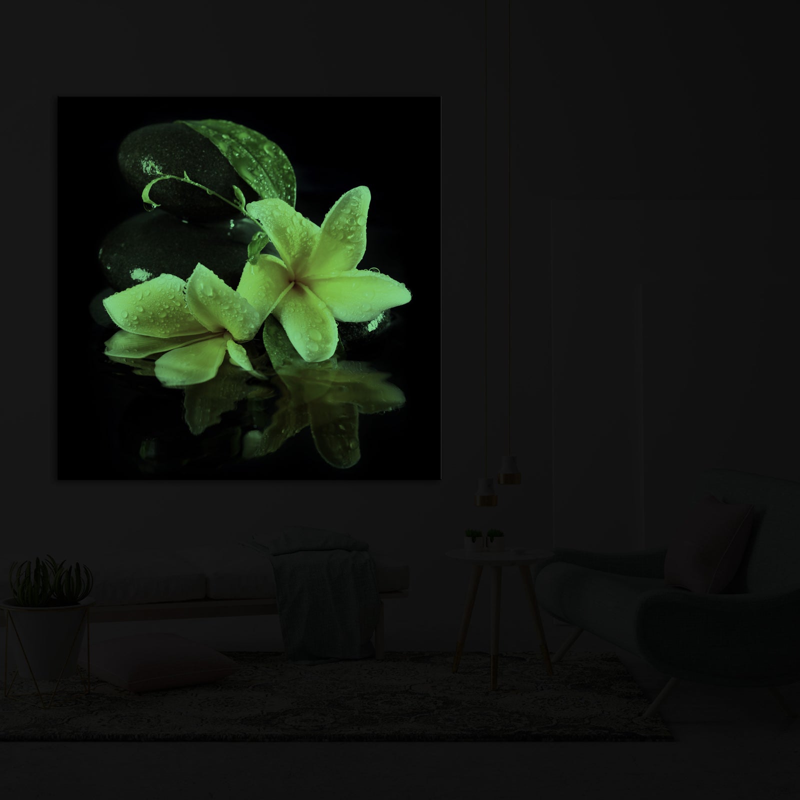 Flowers No. 073, glowing in a room at night