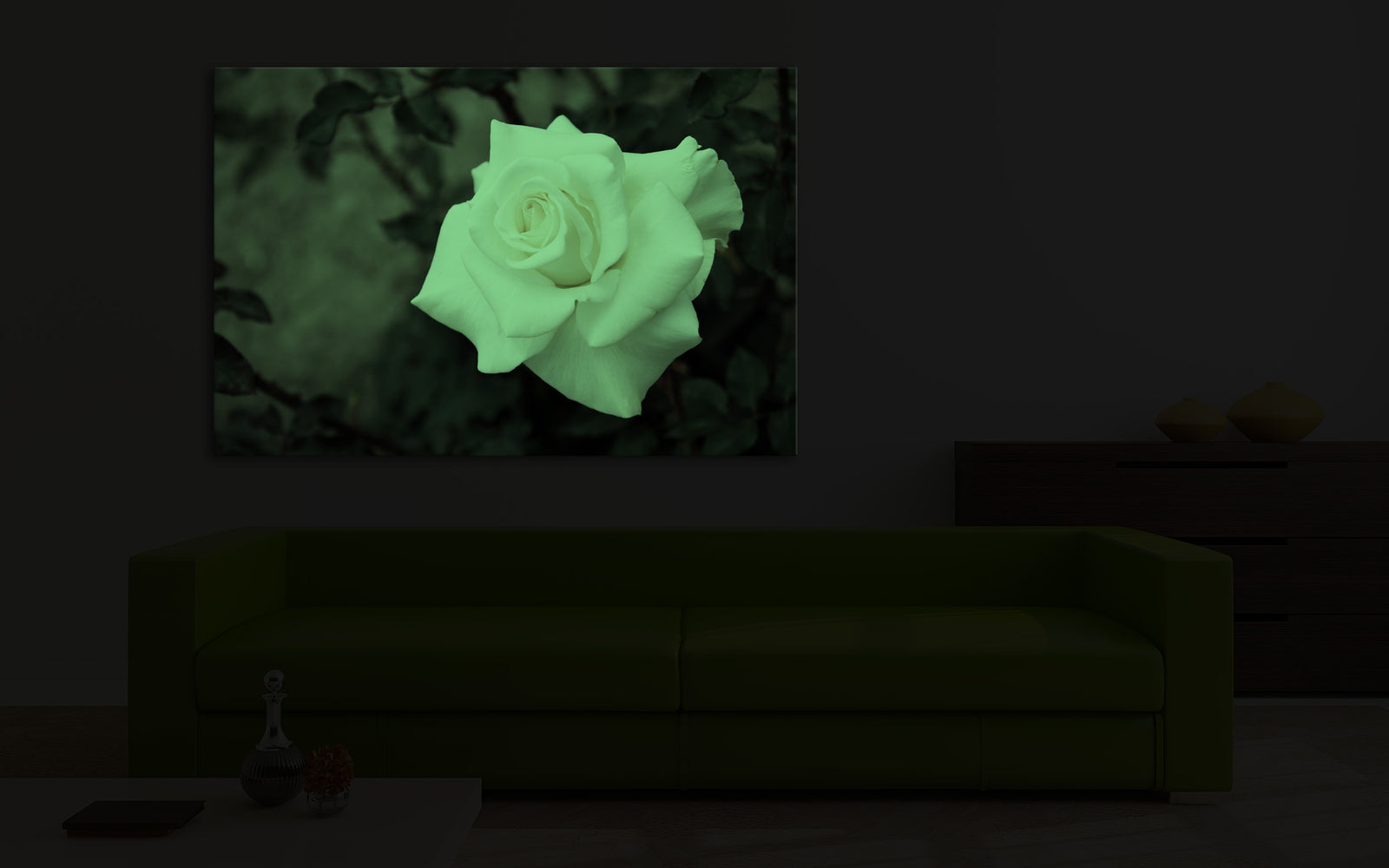 Flowers No. 074, glowing in a room at night