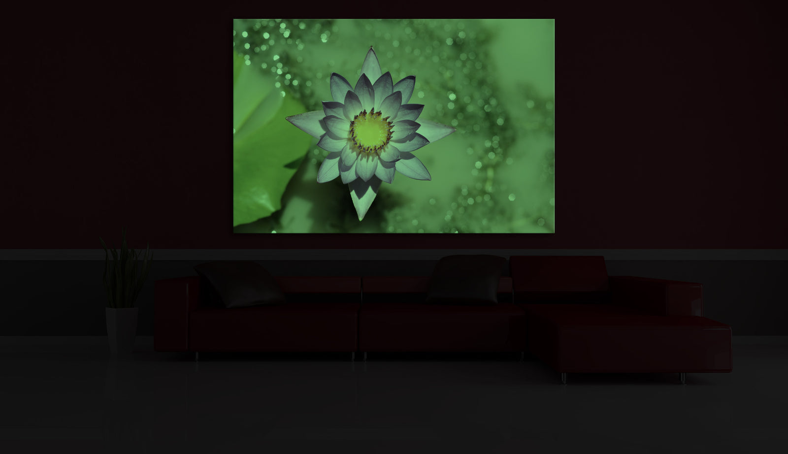 Flowers No. 075, glowing in a room at night