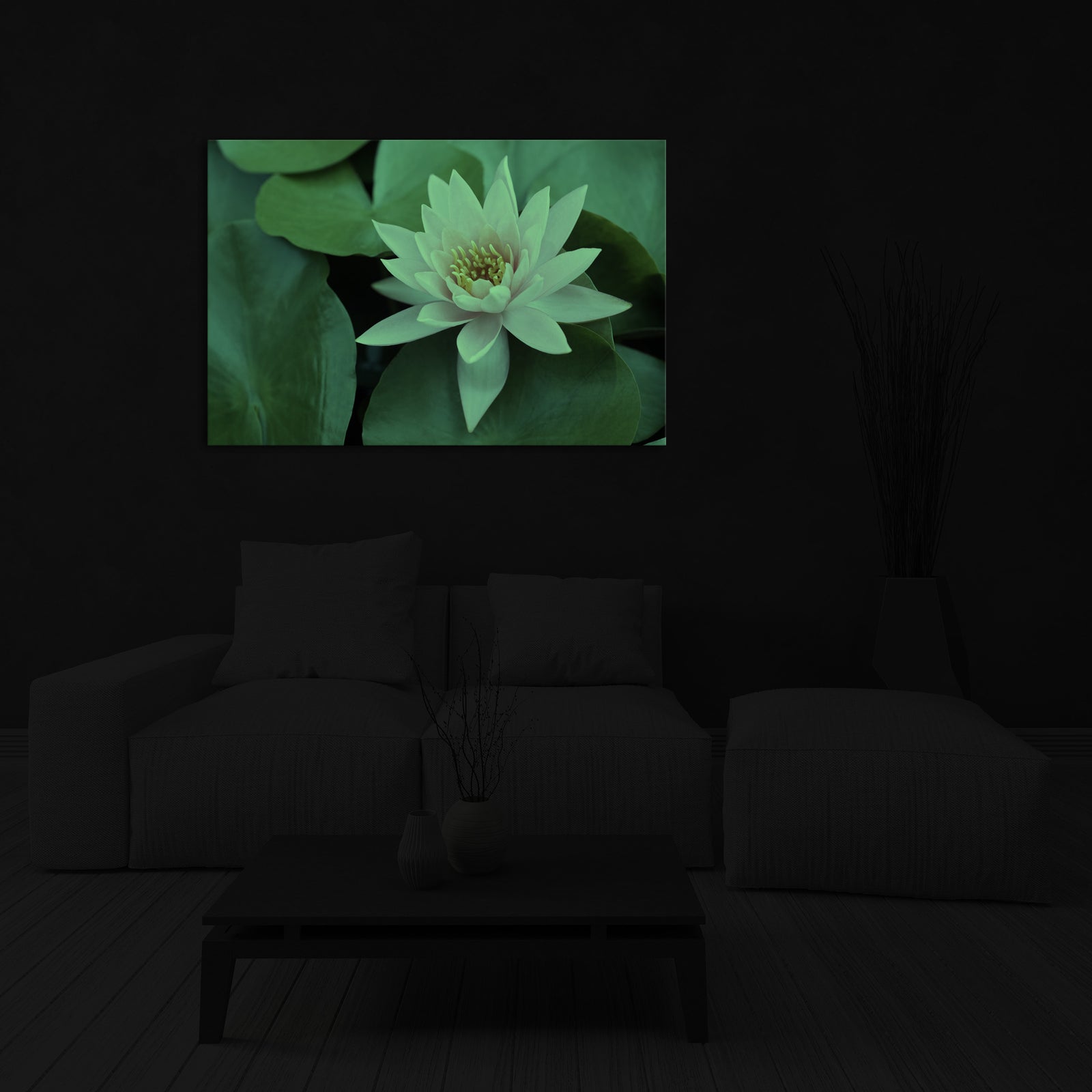Flowers No. 076, glowing in a room at night