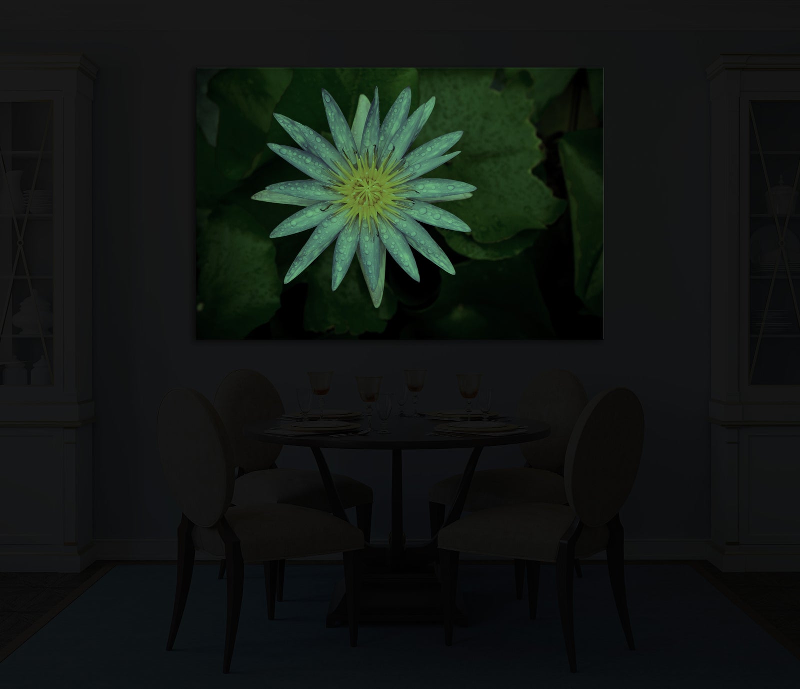 Flowers No. 077, glowing in a room at night