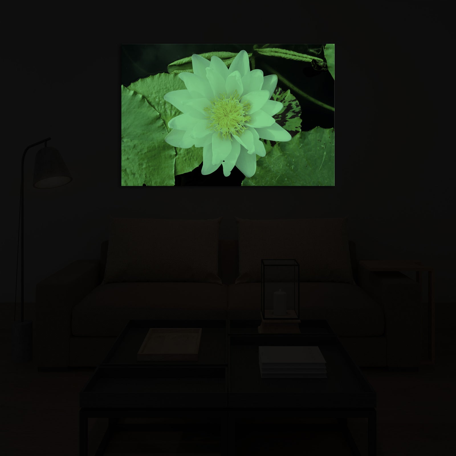 Flowers No. 078, glowing in a room at night