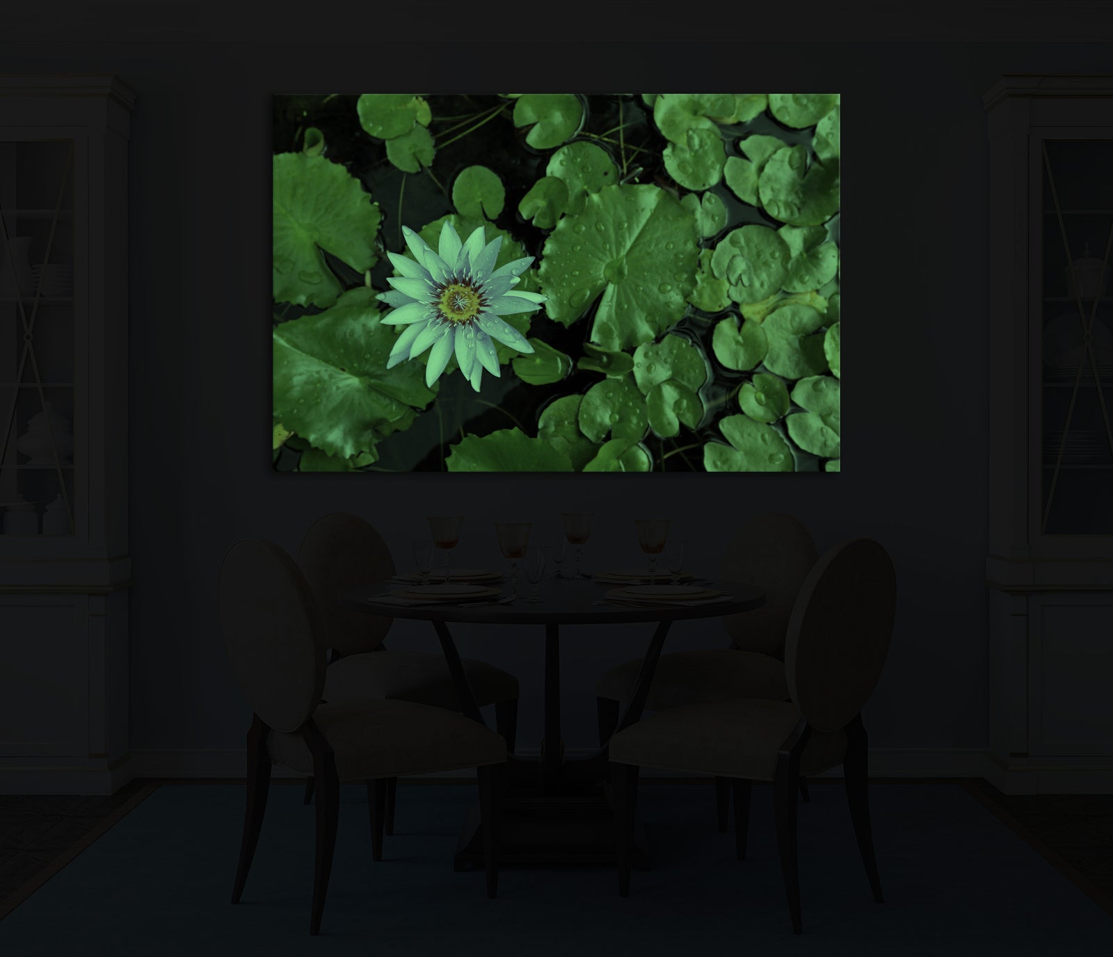 Flowers No. 079, glowing in a room at night