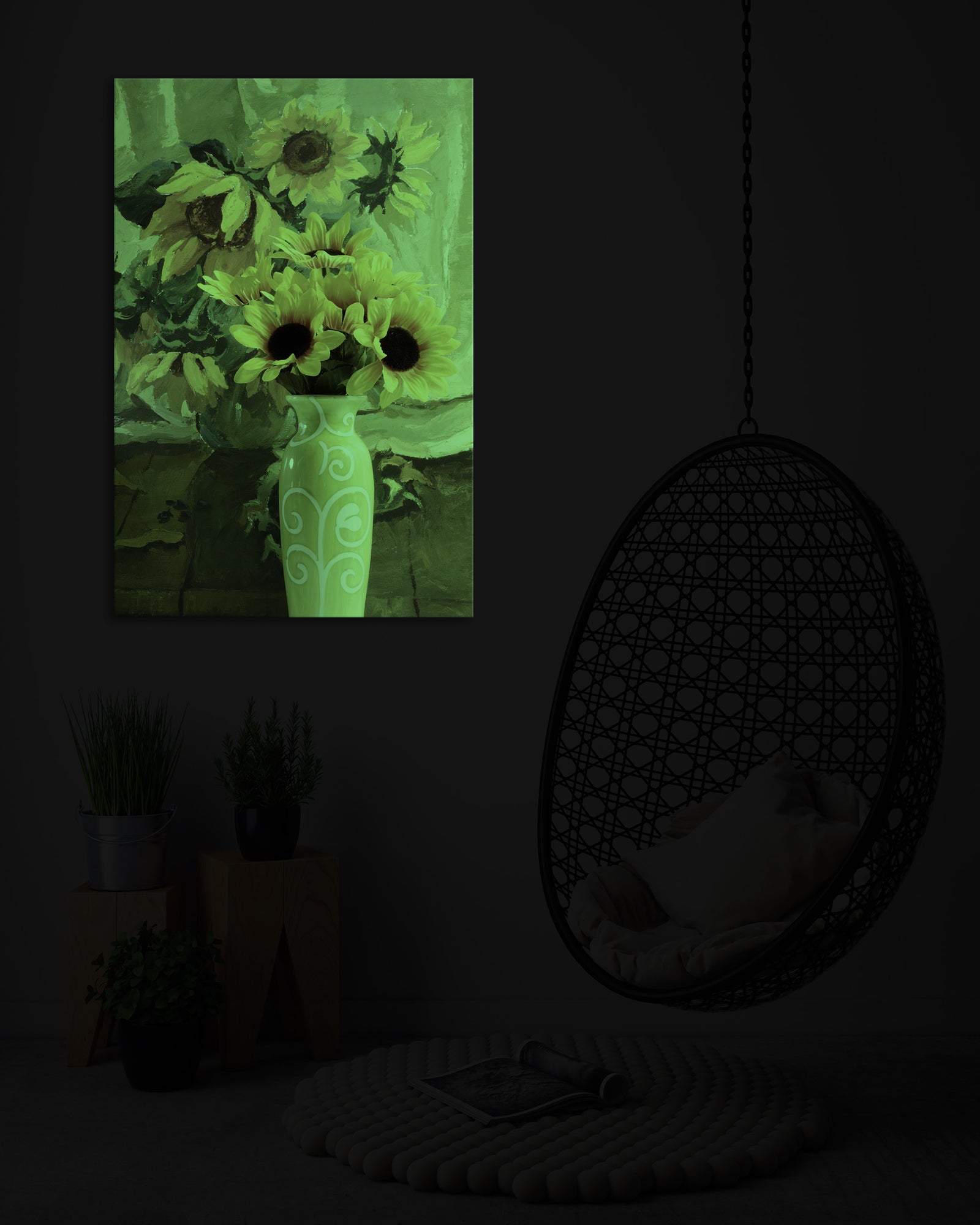 Flowers No. 080, glowing in a room at night