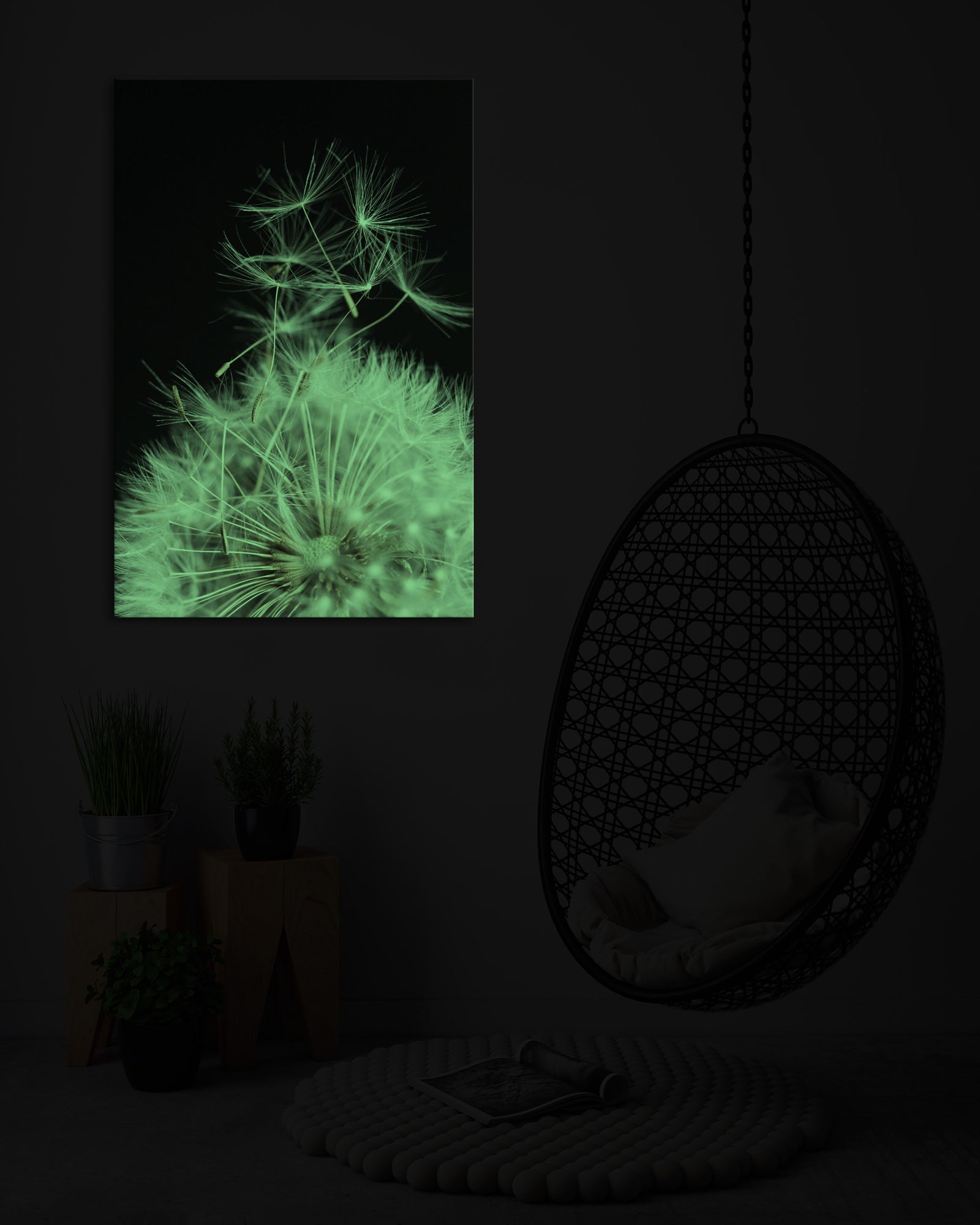 Flowers No. 081, glowing in a room at night
