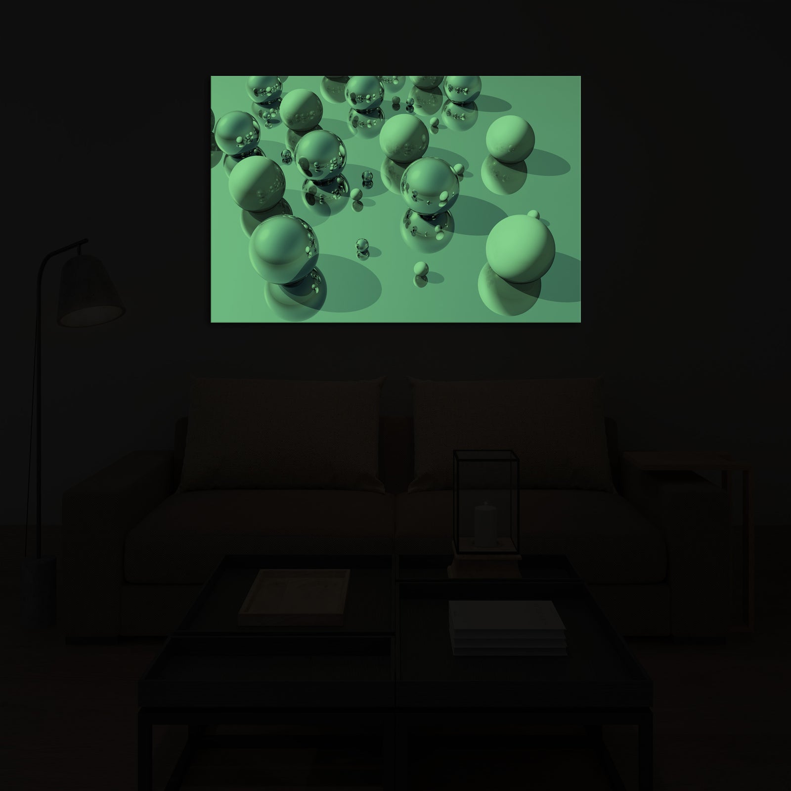 Abstract No. 001, glowing in a room at night
