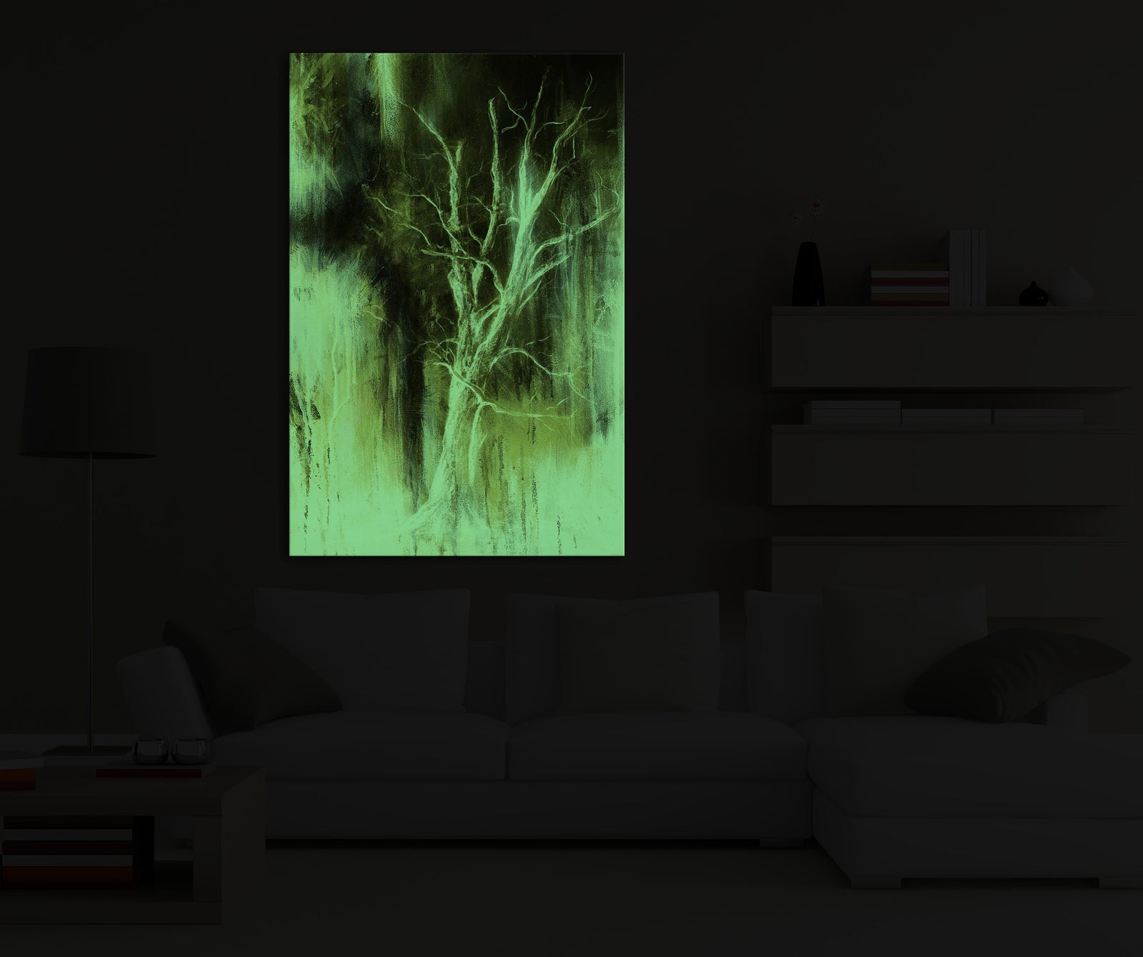 Abstract No. 013, glowing in a room at night