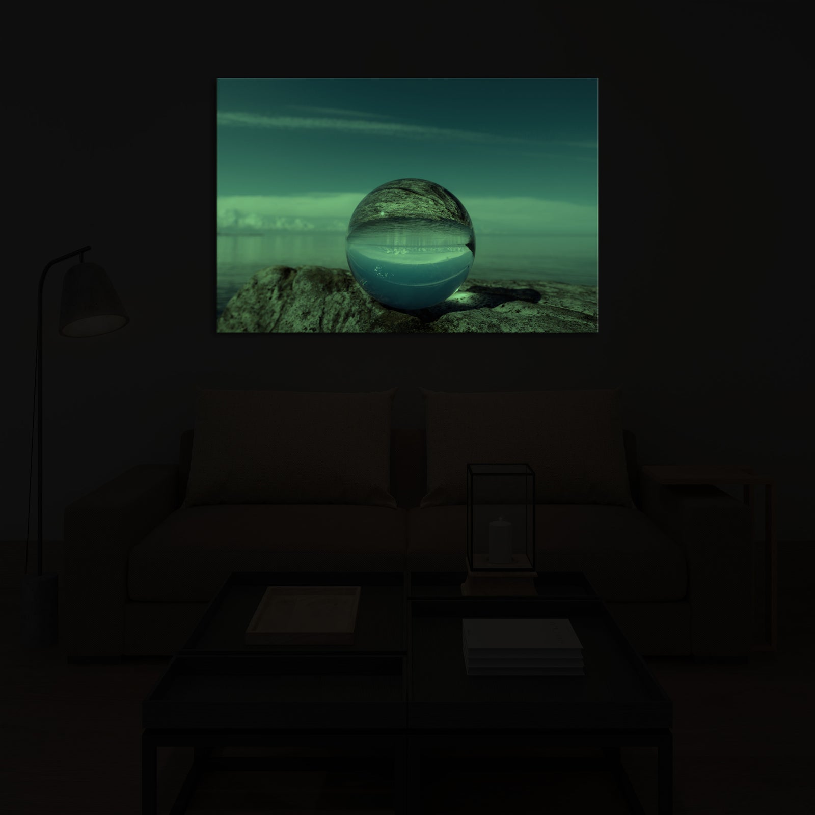 Abstract No. 014, glowing in a room at night