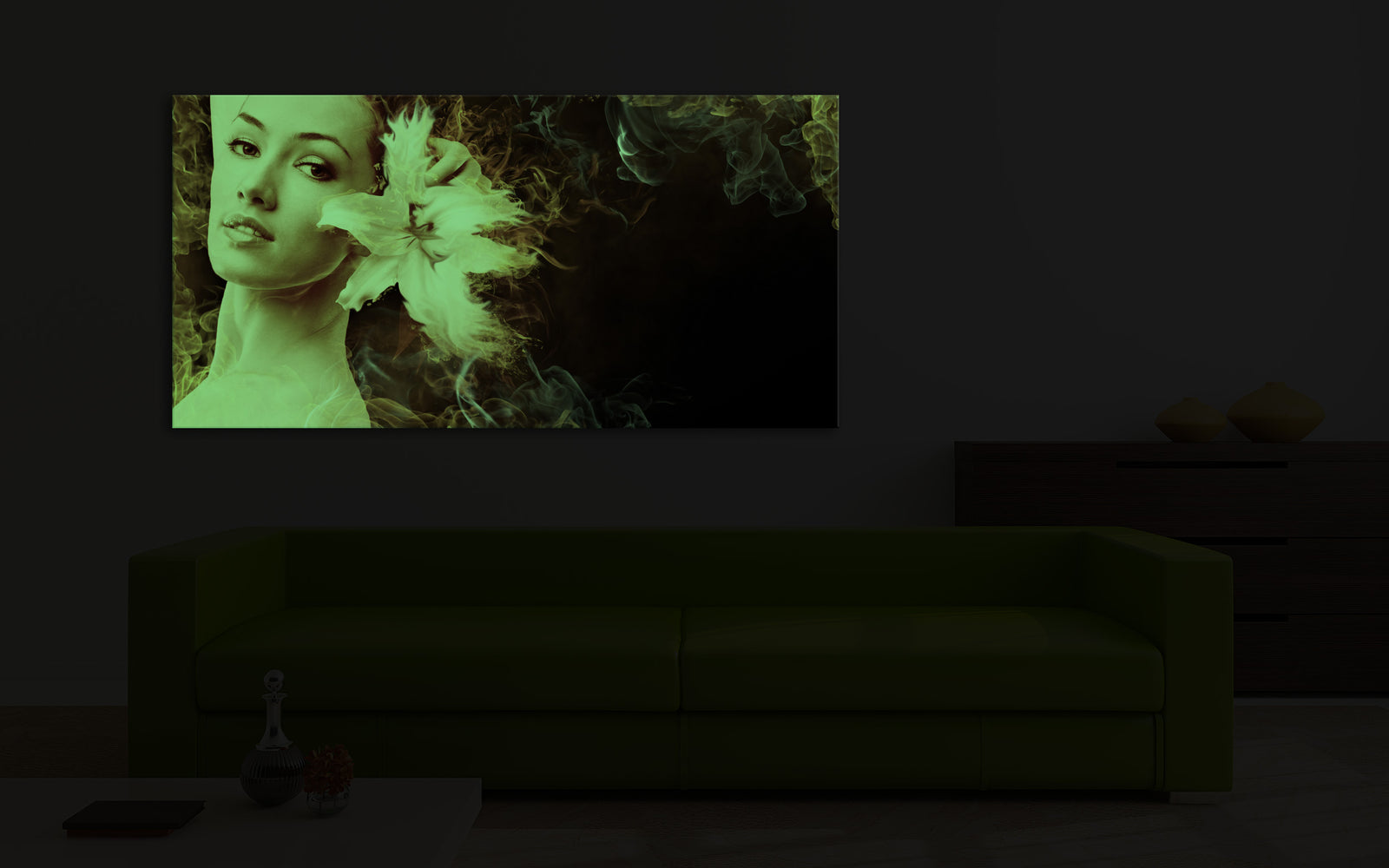 Abstract No. 016, glowing in a room at night