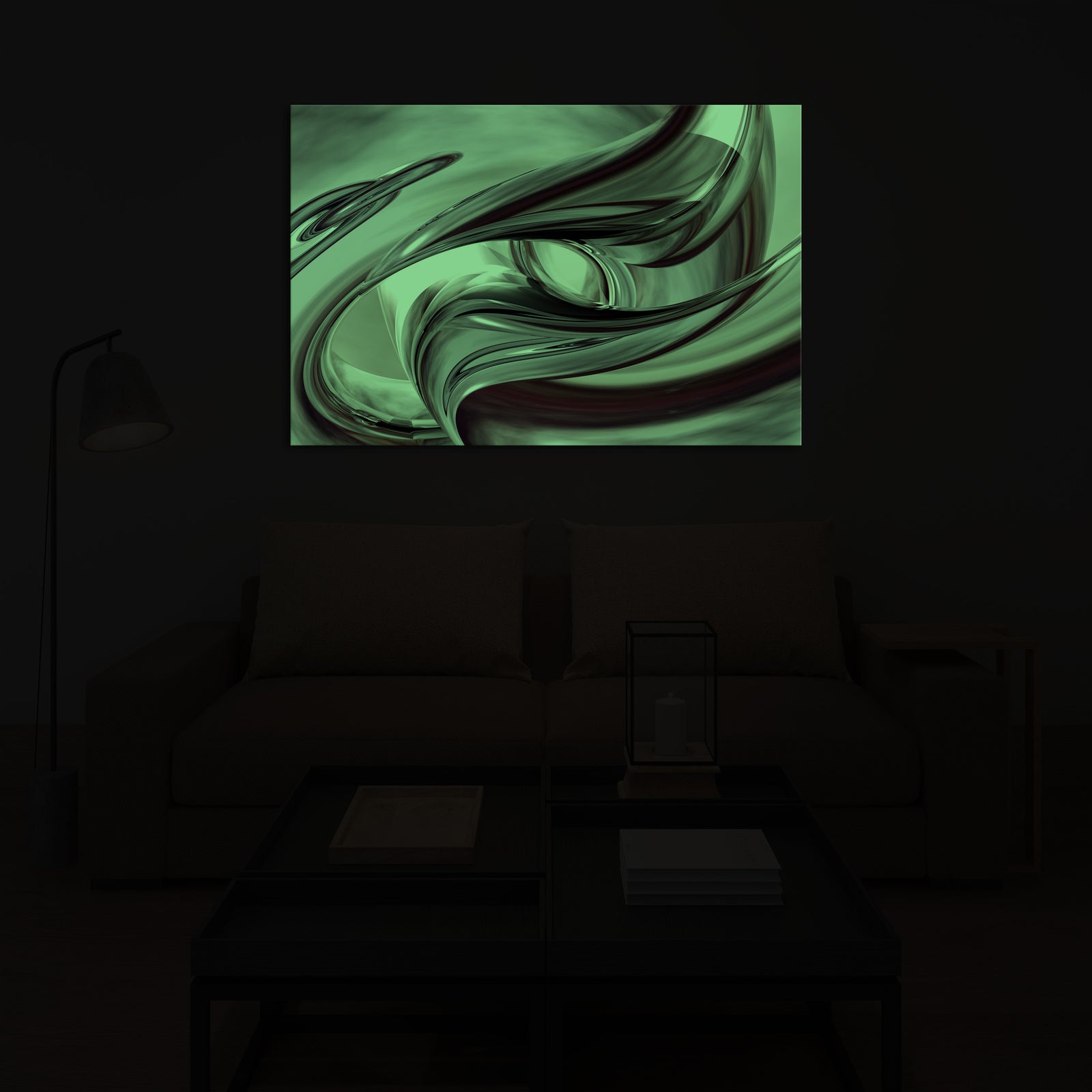 Abstract No. 019, glowing in a room at night