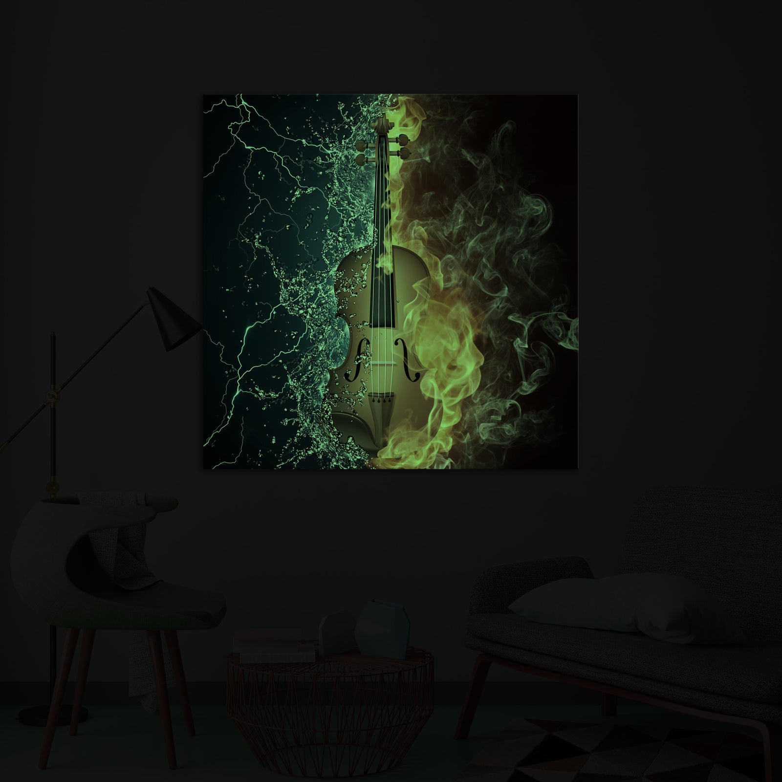 Abstract No. 020, glowing in a room at night