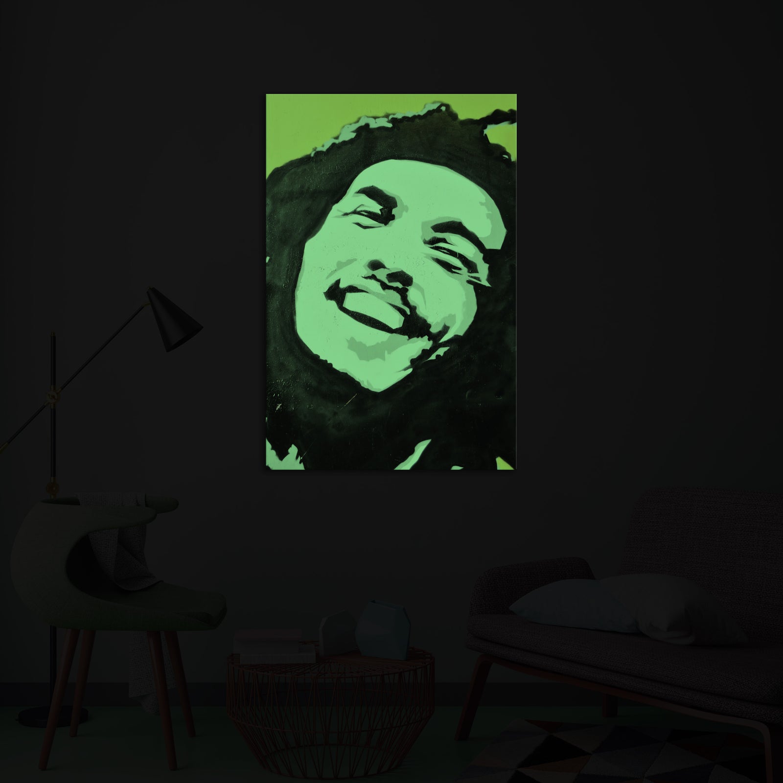 Abstract No. 021, glowing in a room at night