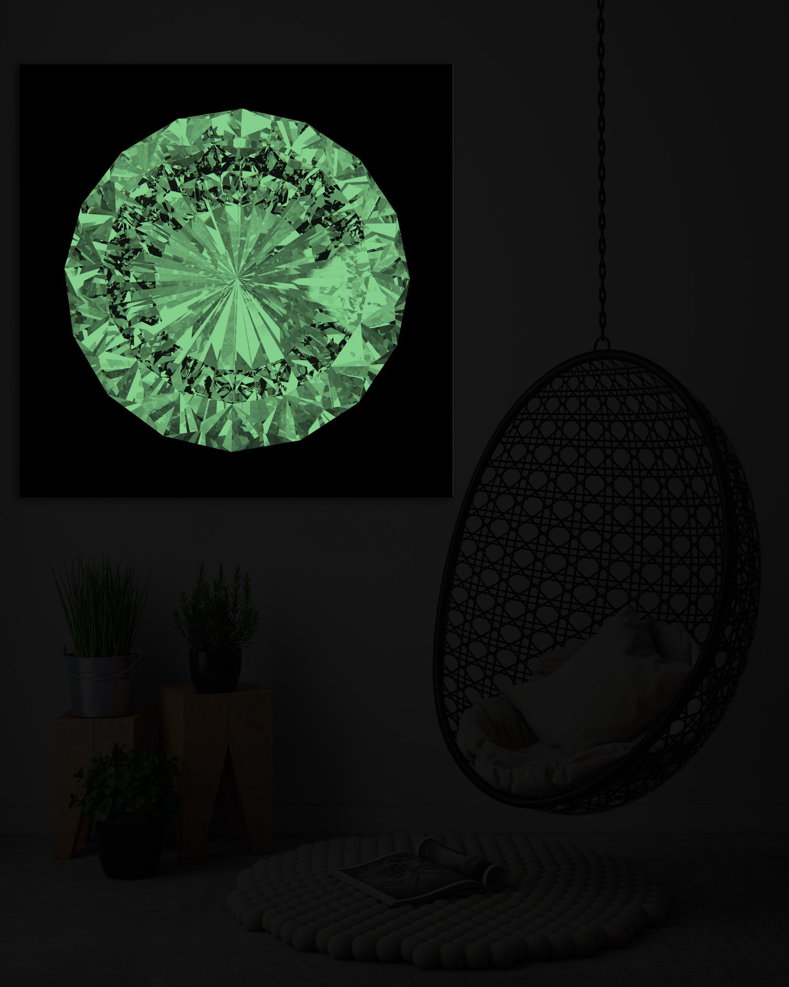 Abstract No. 022, glowing in a room at night