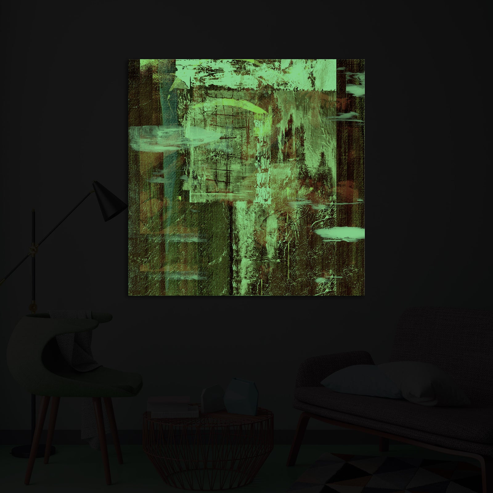 Abstract No. 025, glowing in a room at night