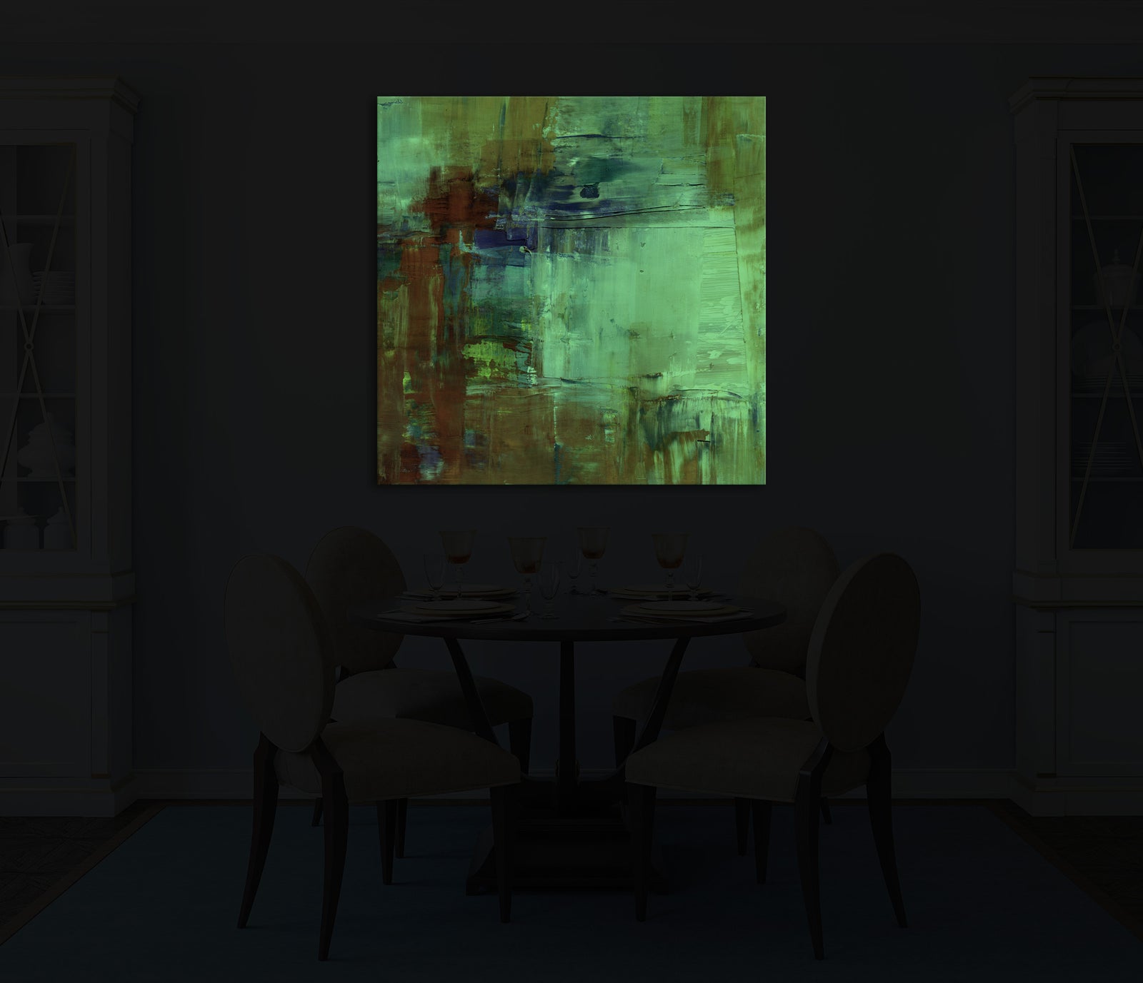 Abstract No. 028, glowing in a room at night