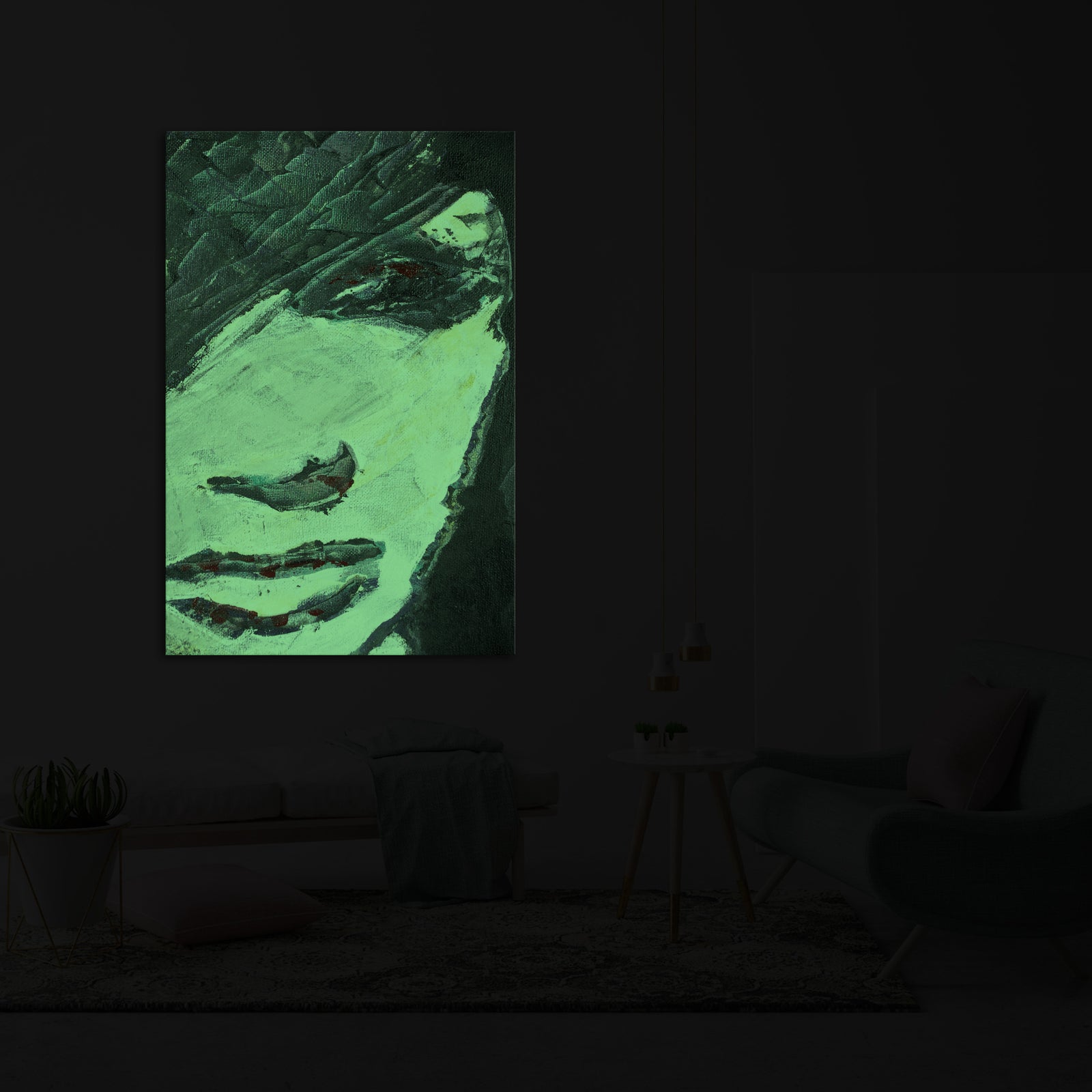 Abstract No. 030, glowing in a room at night