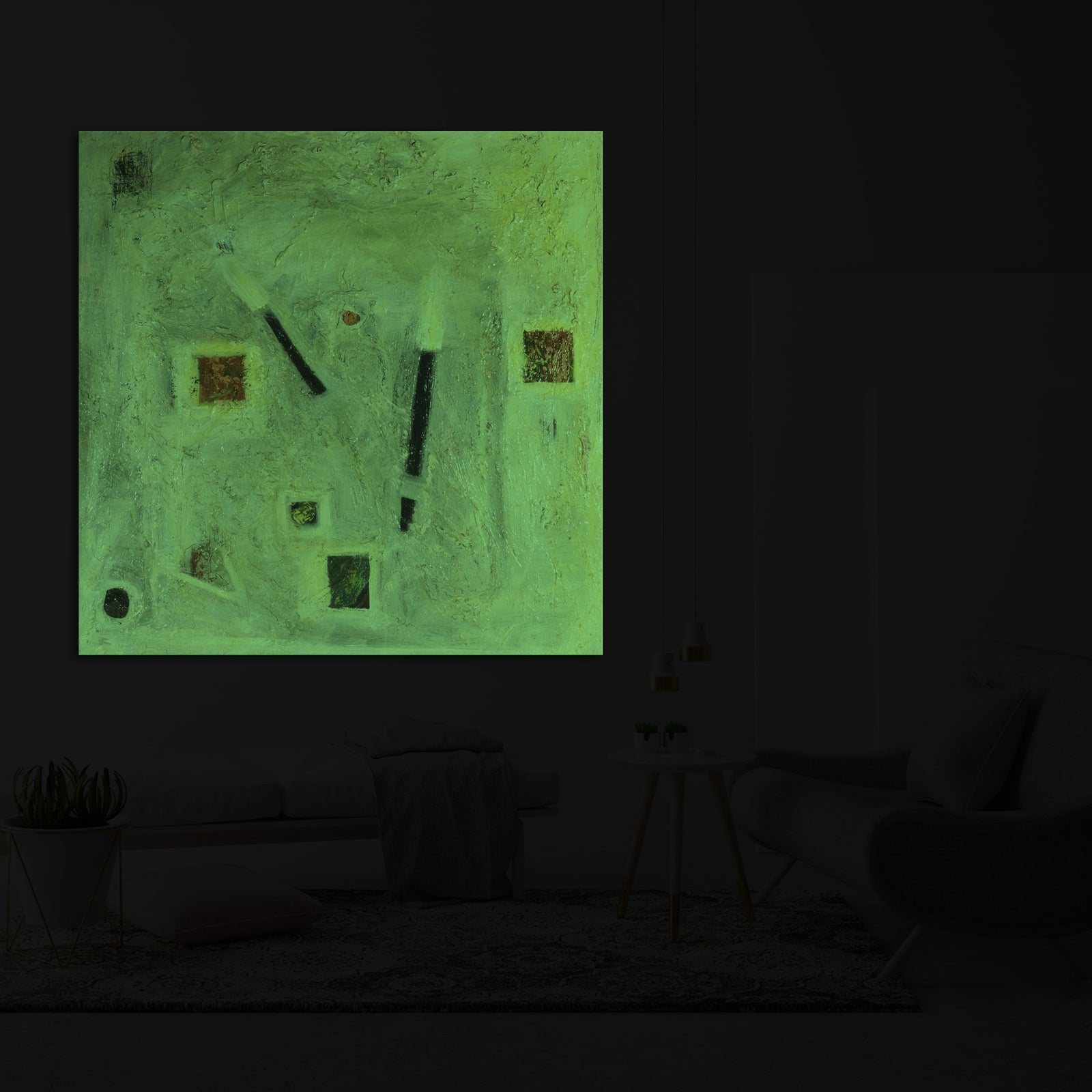 Abstract No. 033, glowing in a room at night
