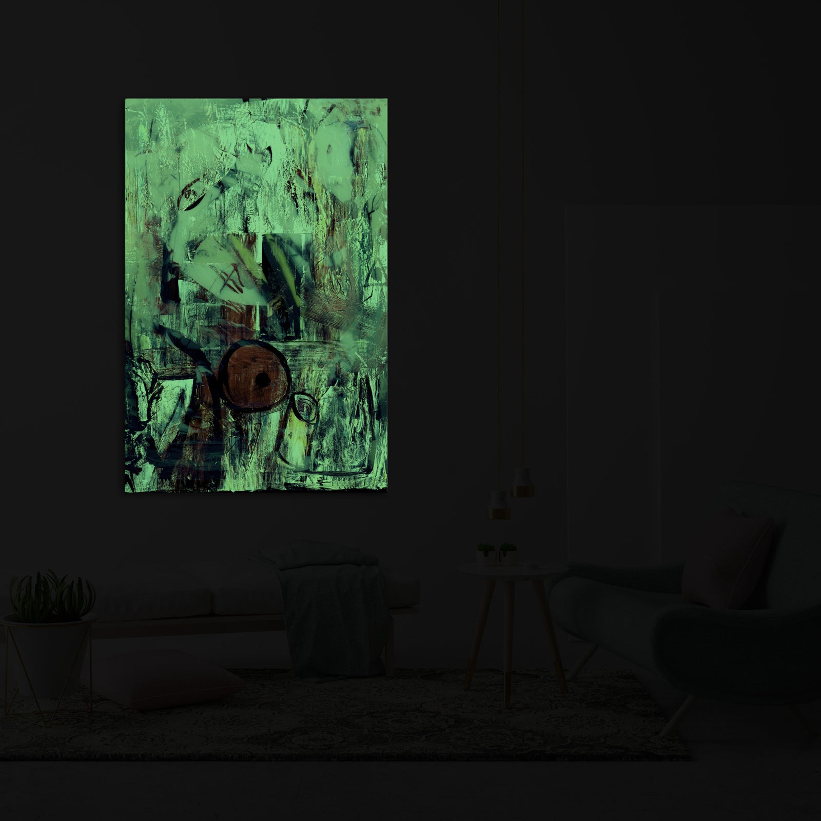 Abstract No. 034, glowing in a room at night