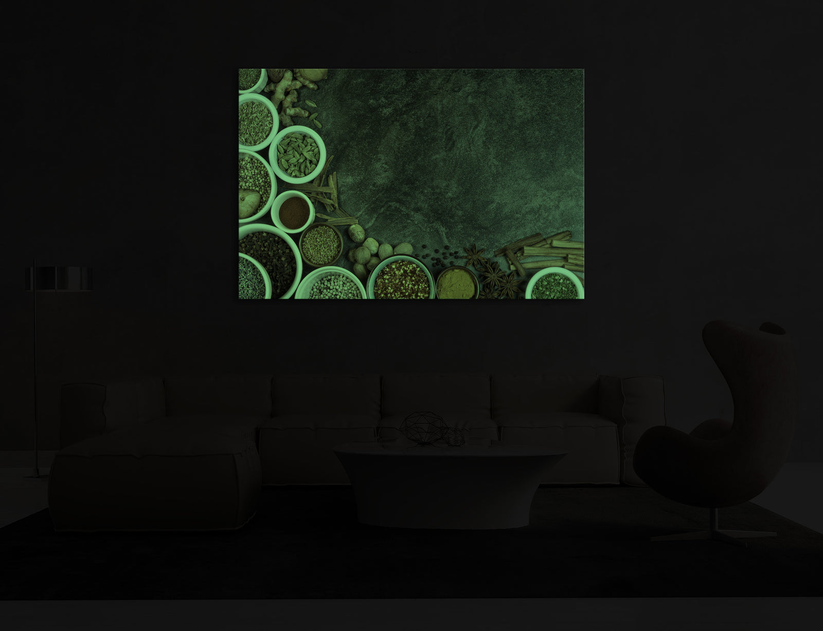 Abstract No. 036, glowing in a room at night