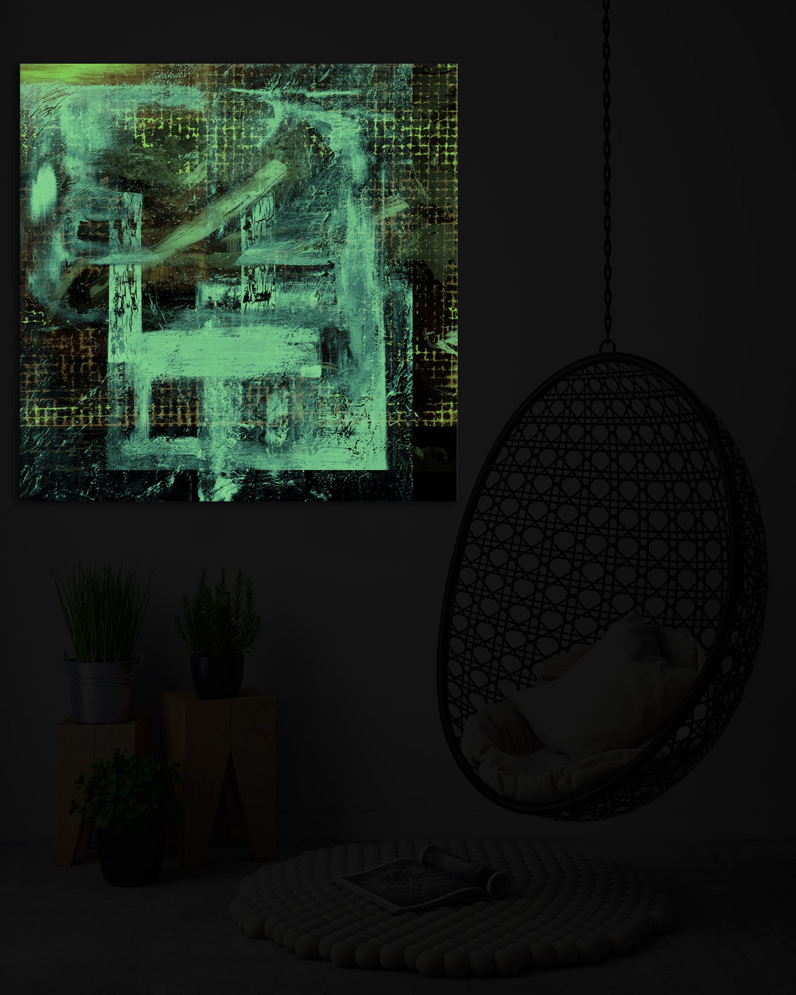 Abstract No. 037, glowing in a room at night