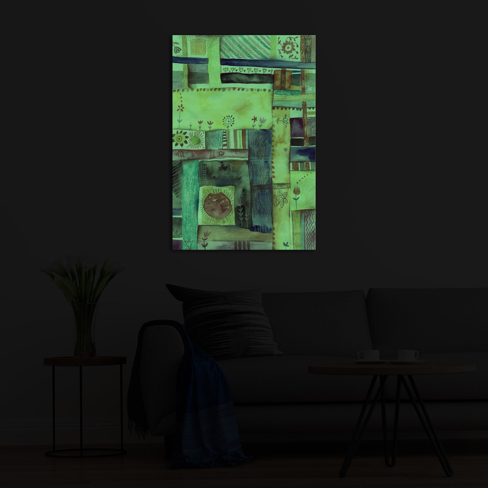 Abstract No. 038, glowing in a room at night