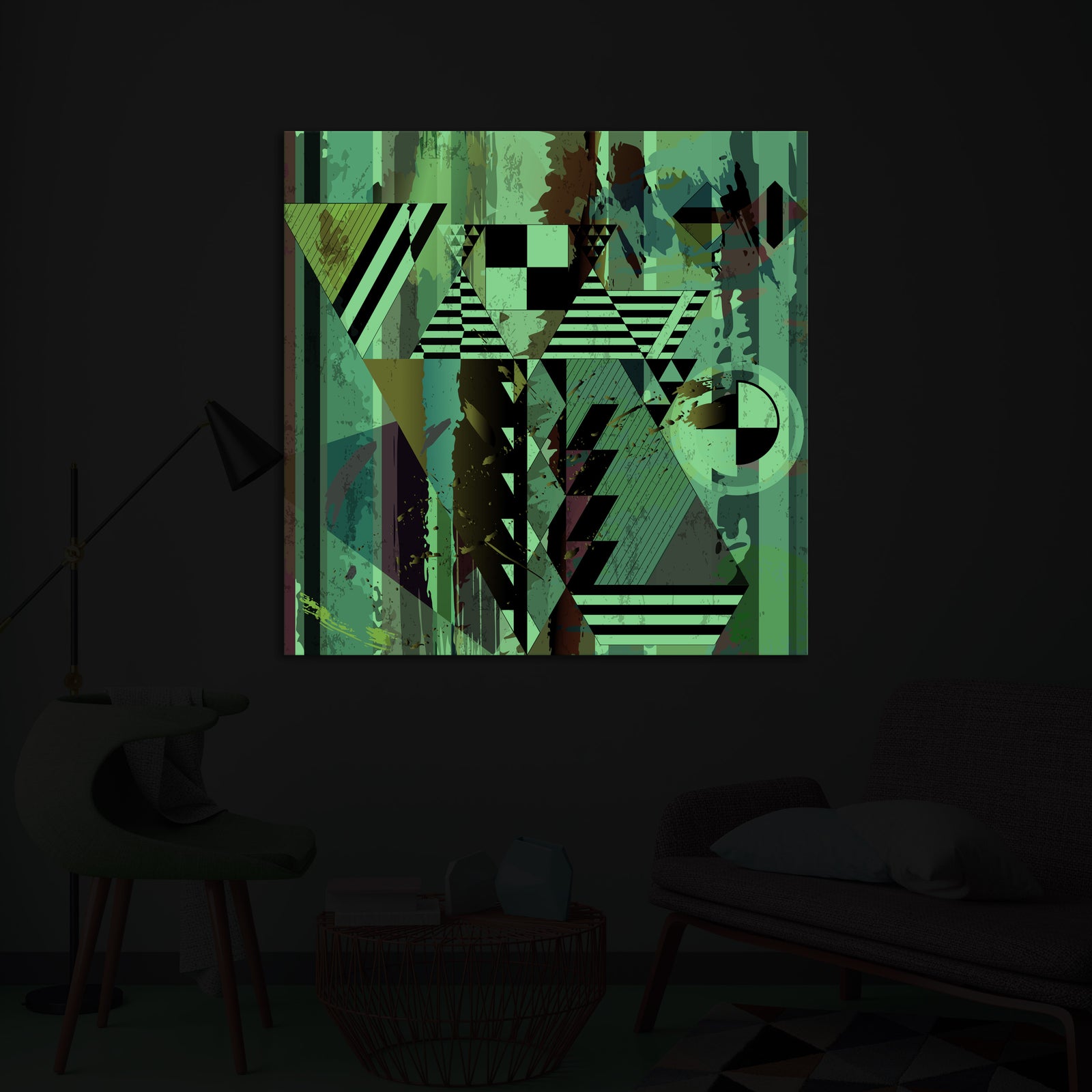 Abstract No. 042, glowing in a room at night