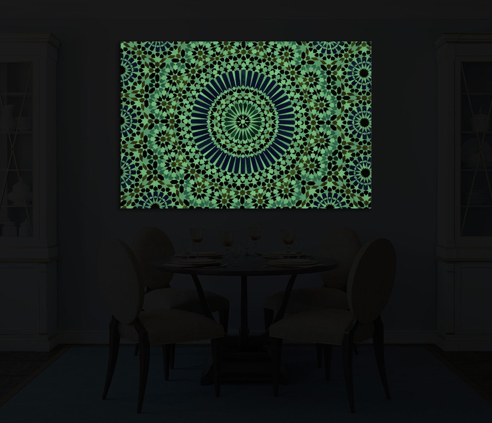 Abstract No. 047, glowing in a room at night