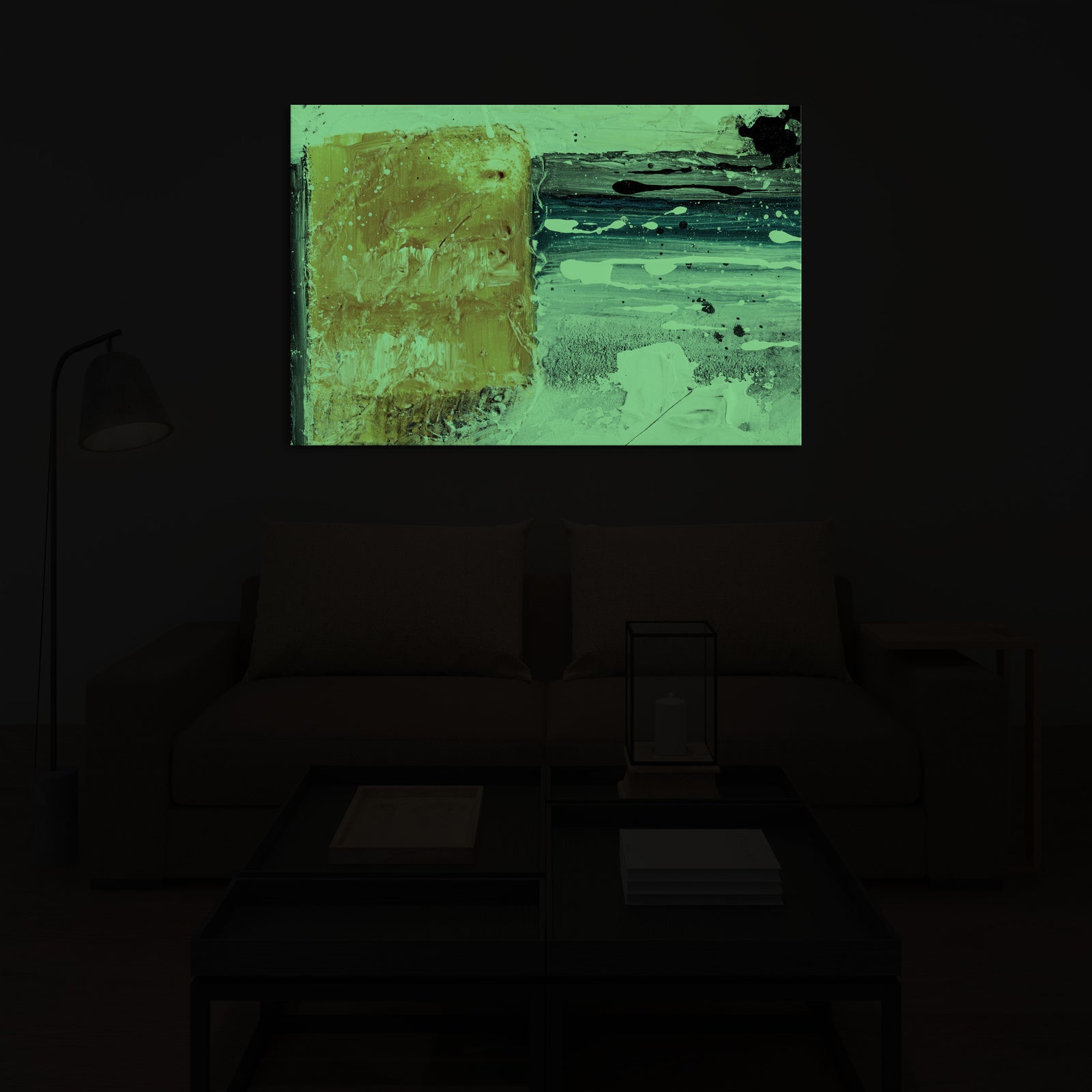 Abstract No. 048, glowing in a room at night