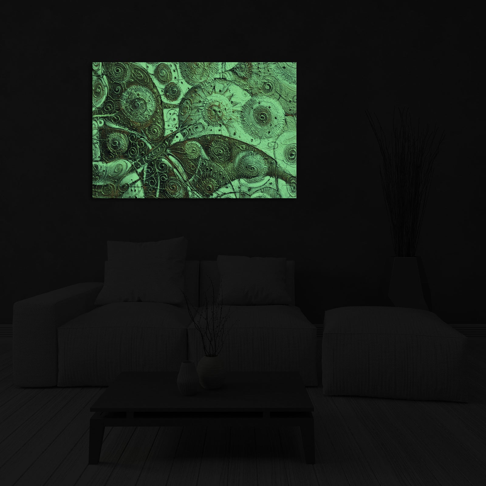 Abstract No. 053, glowing in a room at night
