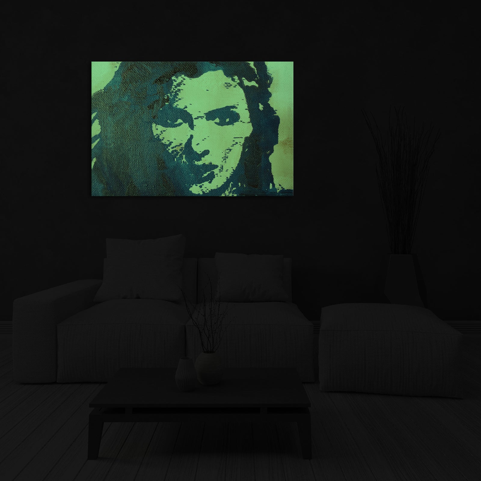 Abstract No. 061, glowing in a room at night