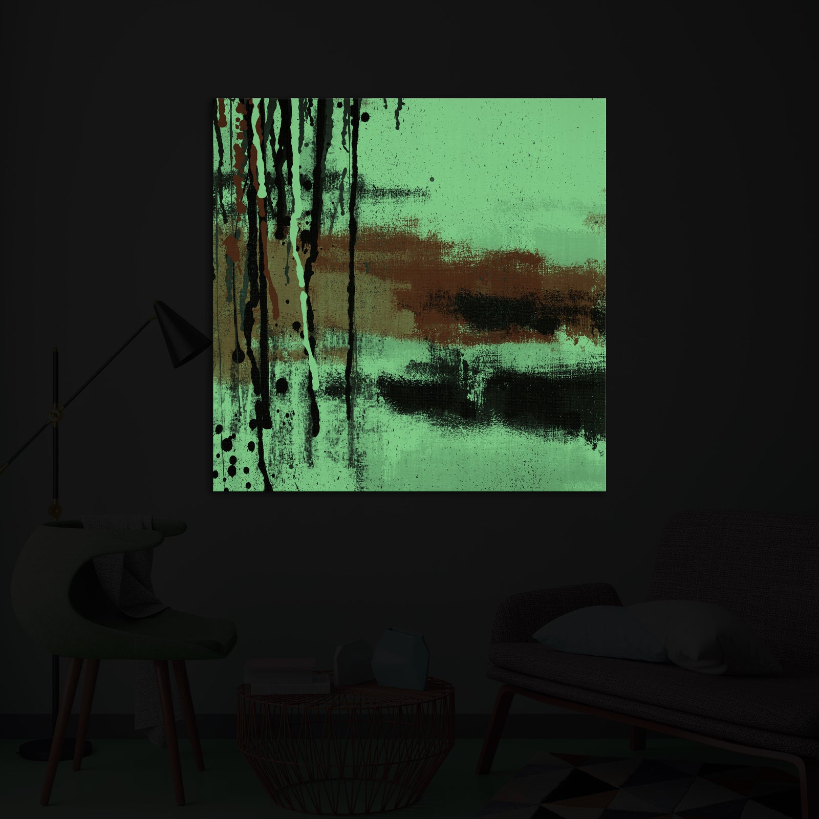 Abstract No. 063, glowing in a room at night