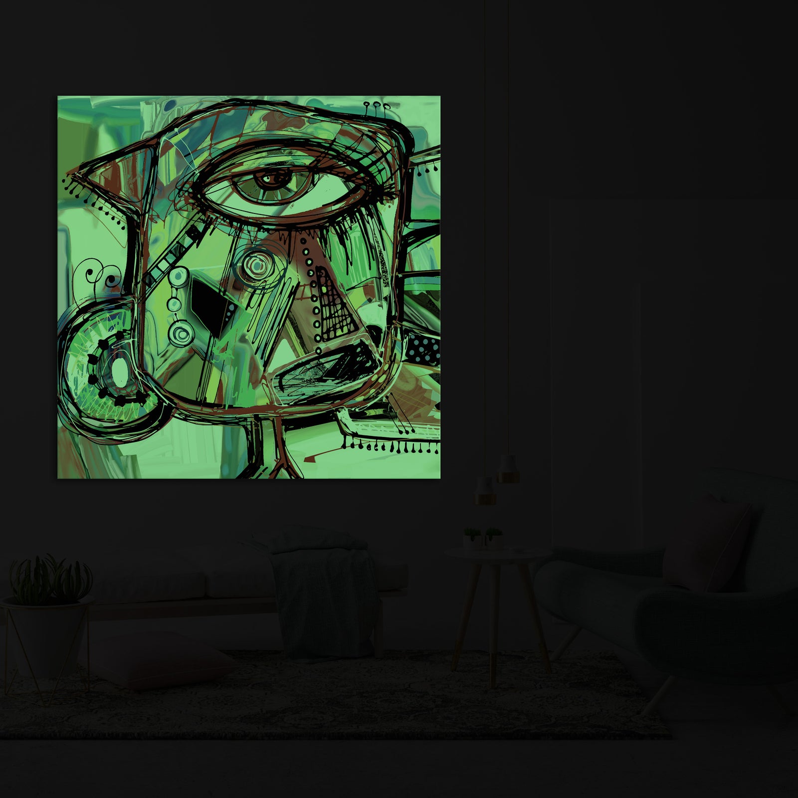 Abstract No. 067, glowing in a room at night