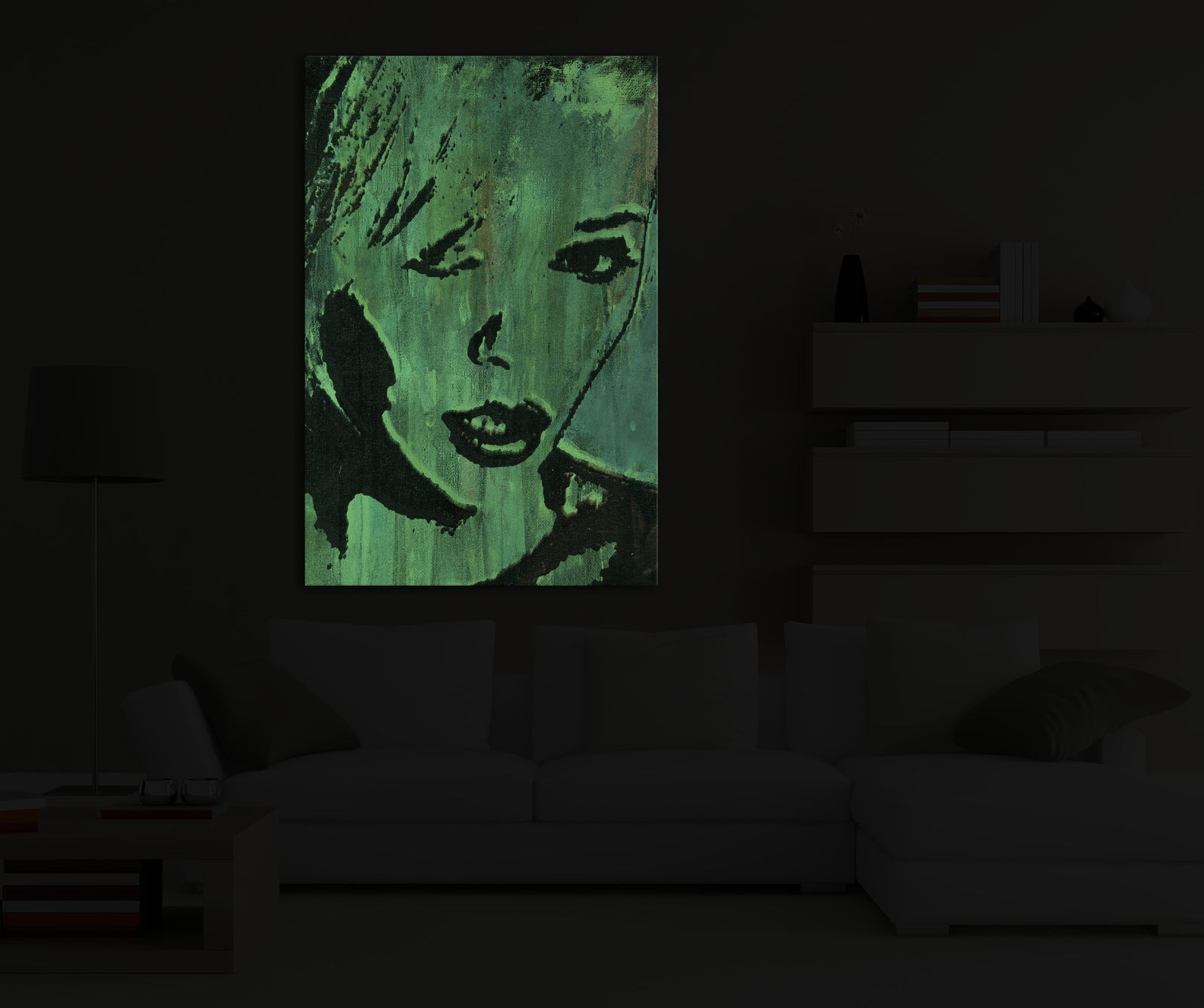 Abstract No. 069, glowing in a room at night