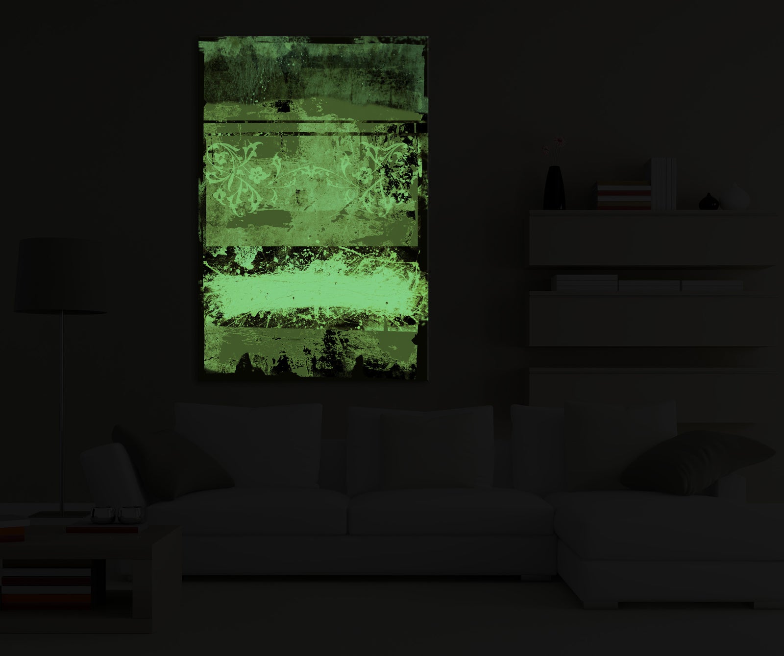Abstract No. 070, glowing in a room at night