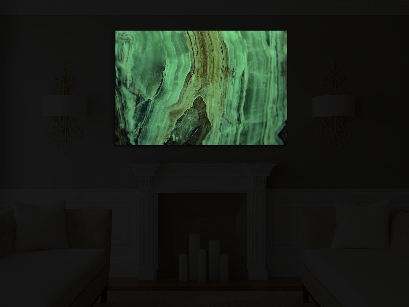 Abstract No. 073, glowing in a room at night