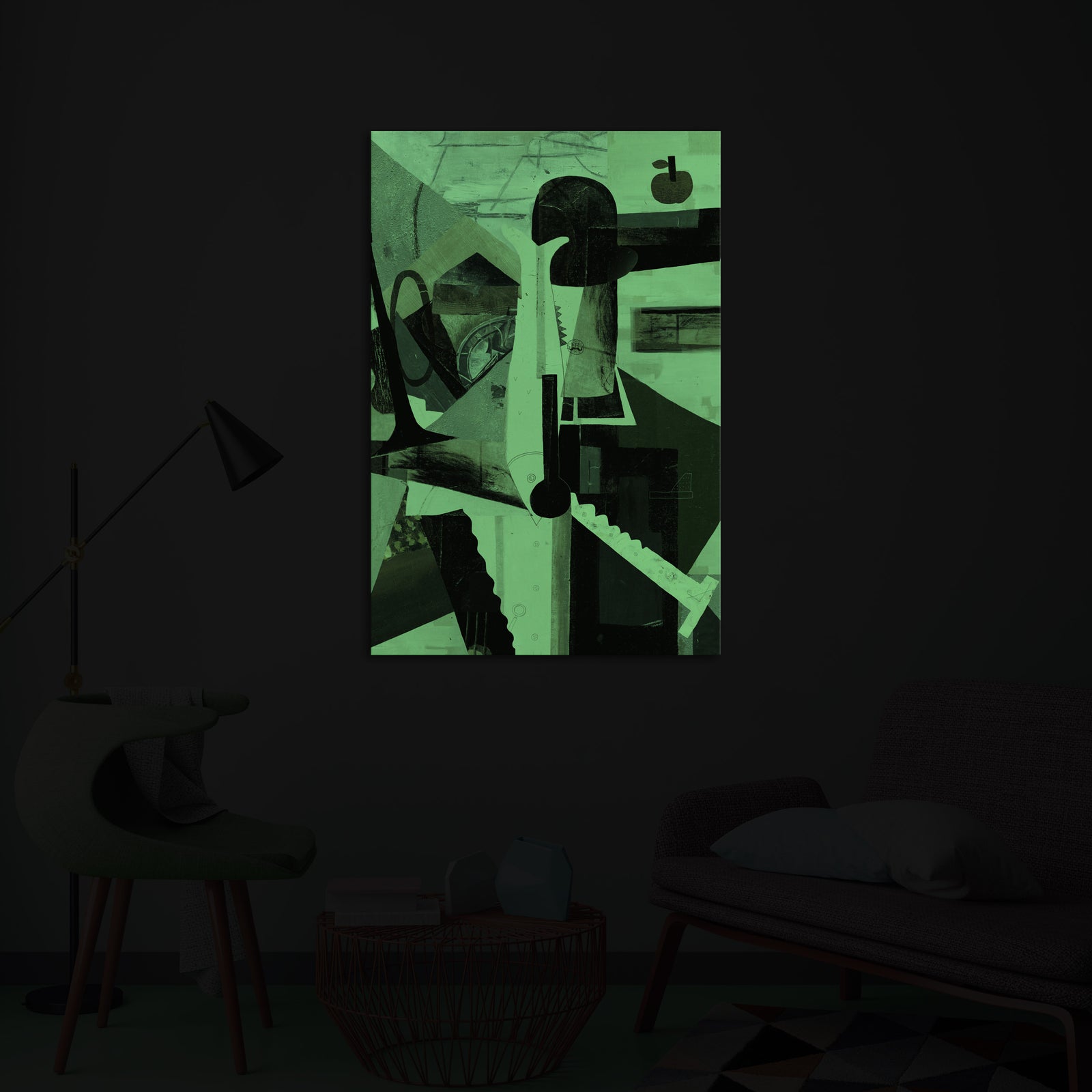 Abstract No. 074, glowing in a room at night