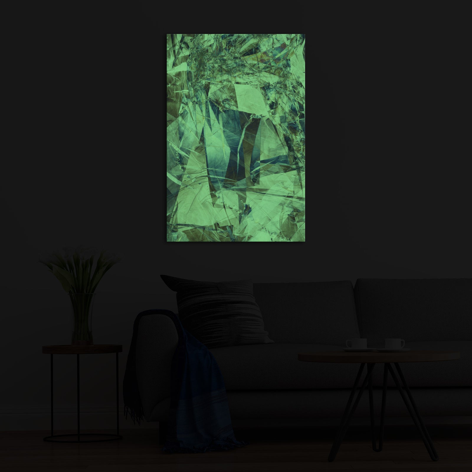 Abstract No. 077, glowing in a room at night
