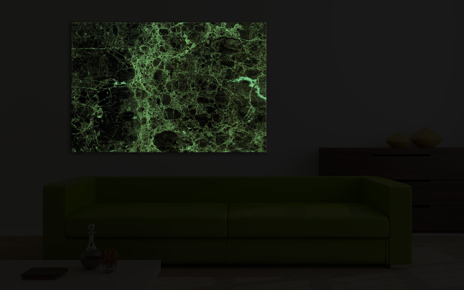 Abstract No. 083, glowing in a room at night