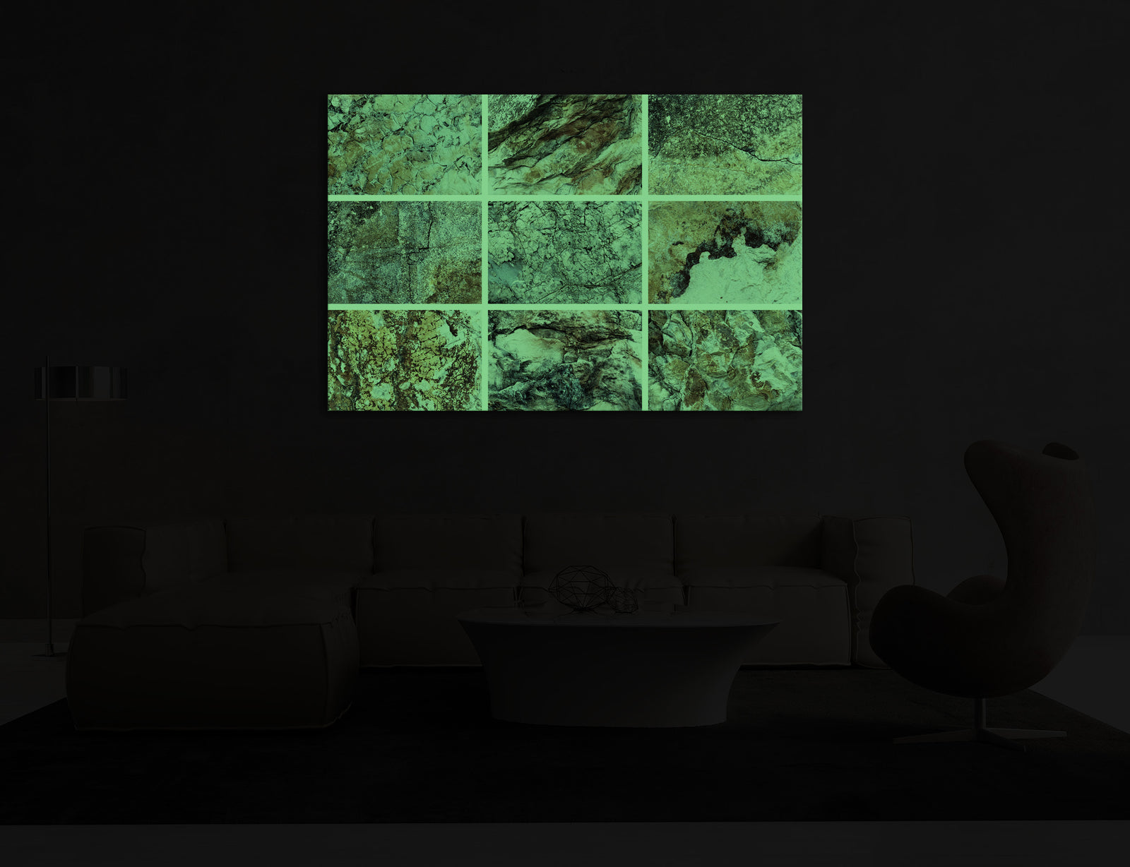 Abstract No. 084, glowing in a room at night