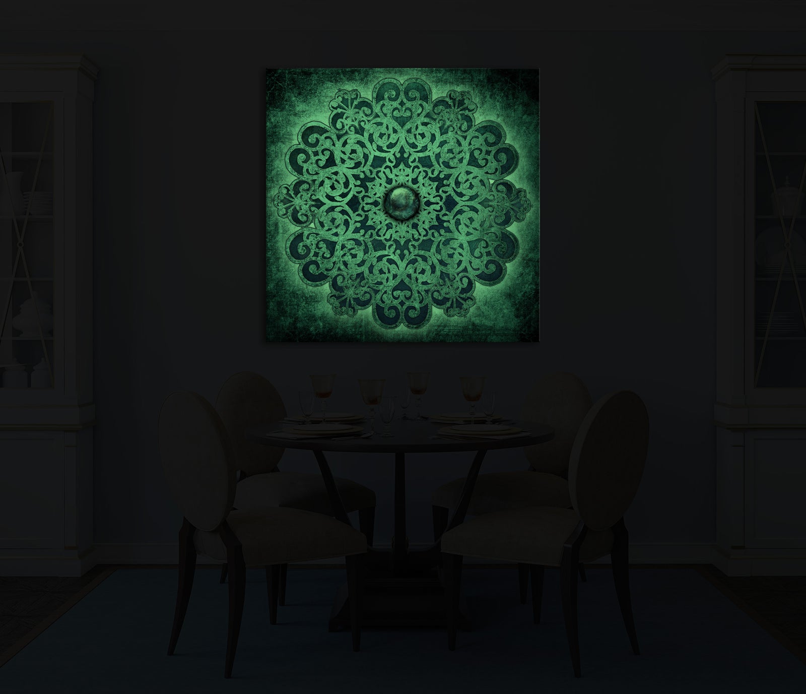 Abstract No. 085, glowing in a room at night