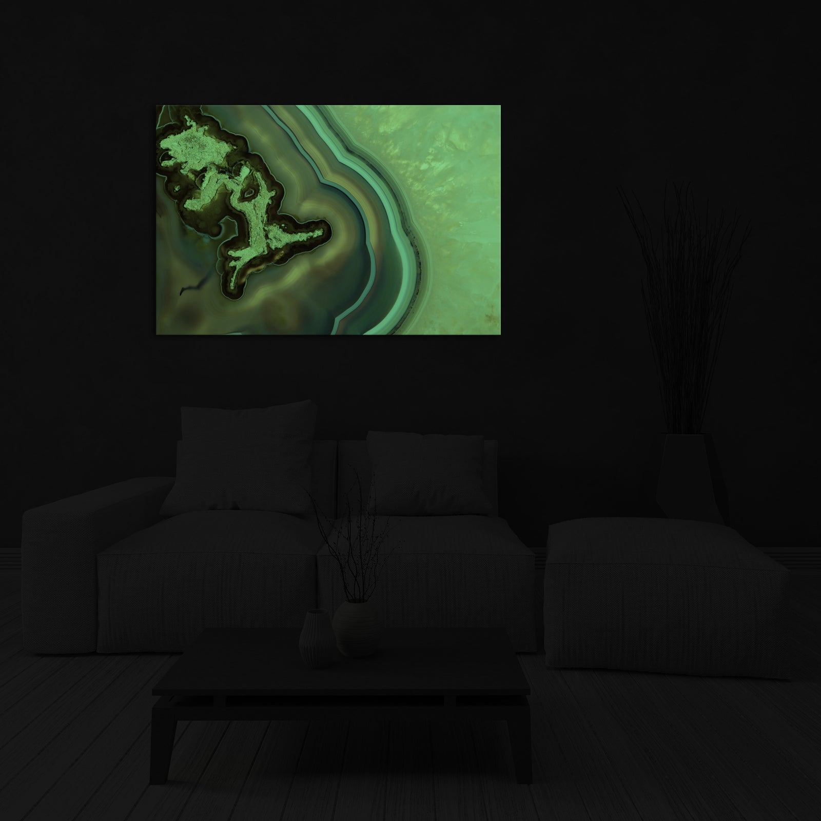Abstract No. 086, glowing in a room at night