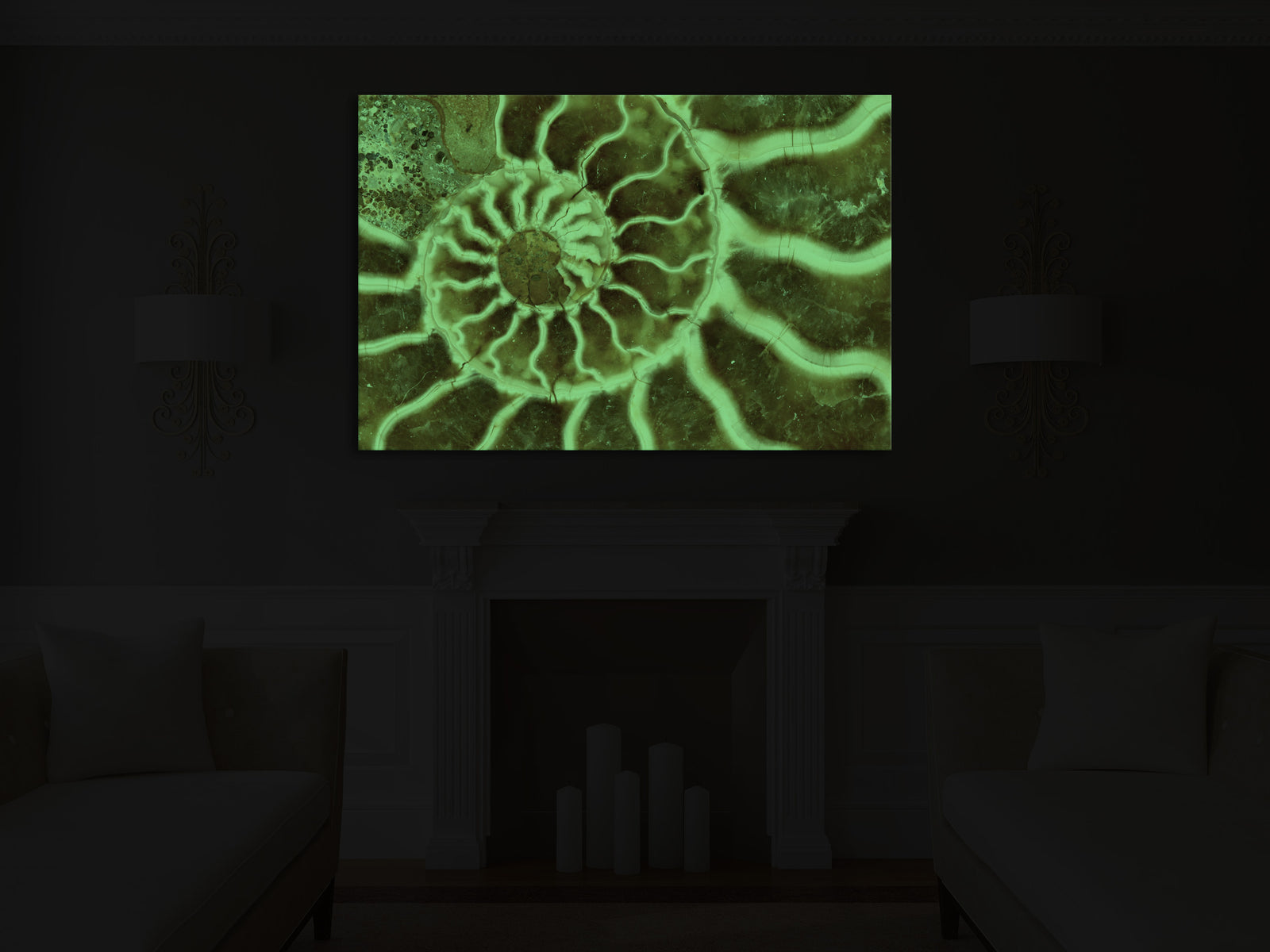 Abstract No. 089, glowing in a room at night