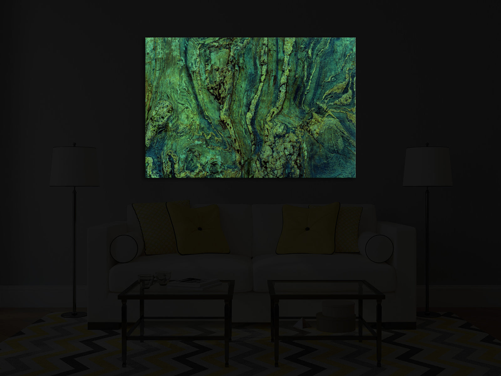 Abstract No. 093, glowing in a room at night